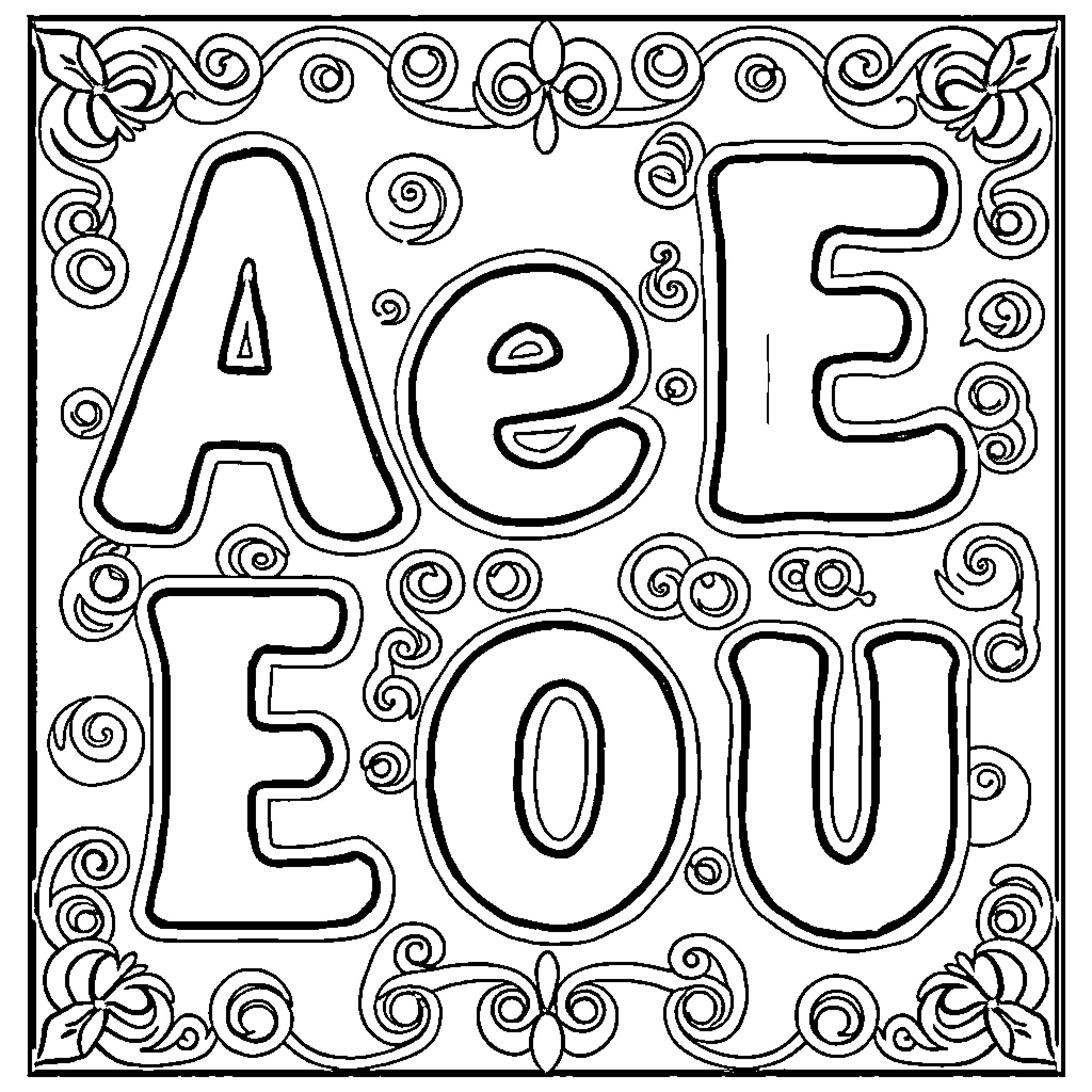 Vowels in stylized decorative typography Coloring Page (free black-and-white line drawing printable PDF for all, from beginners to advanced learners, including children, teens, adults, and seniors)