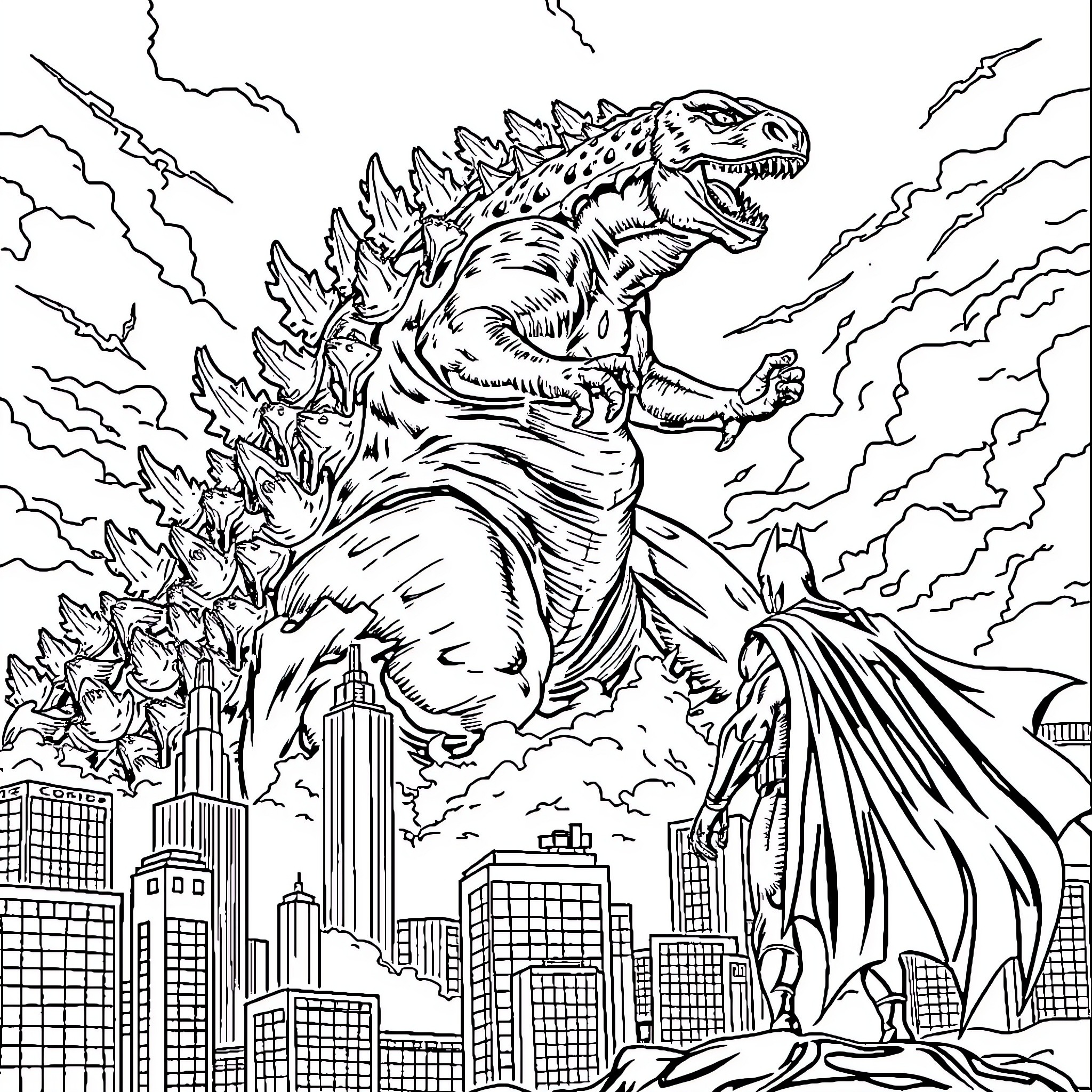 Godzilla destroying the city with its mighty presence Coloring Page (free black-and-white line drawing printable PDF for all, from beginners to advanced learners, including children, teens, adults, and seniors)