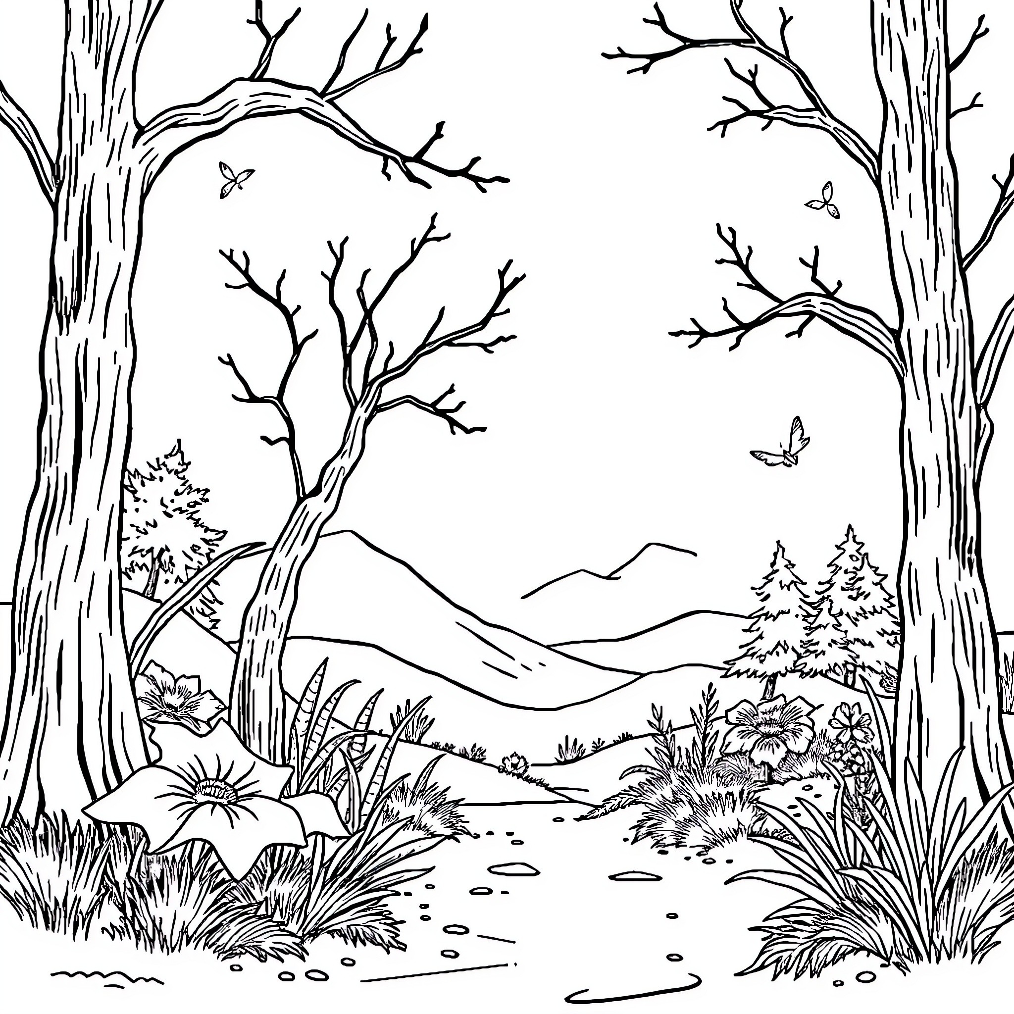 Photo of a scenic forest landscape with trees and mountains Coloring Page (free black-and-white line drawing printable PDF for all, from beginners to advanced learners, including children, teens, adults, and seniors)