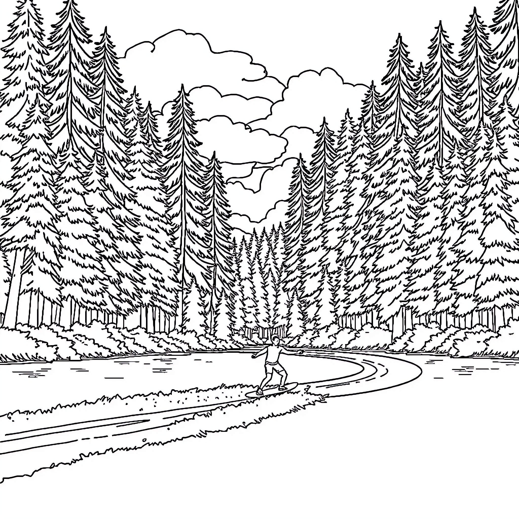 Wakeboarding through the tranquil forest landscape Coloring Page (free black-and-white line drawing printable PDF for all, from beginners to advanced learners, including children, teens, adults, and seniors)