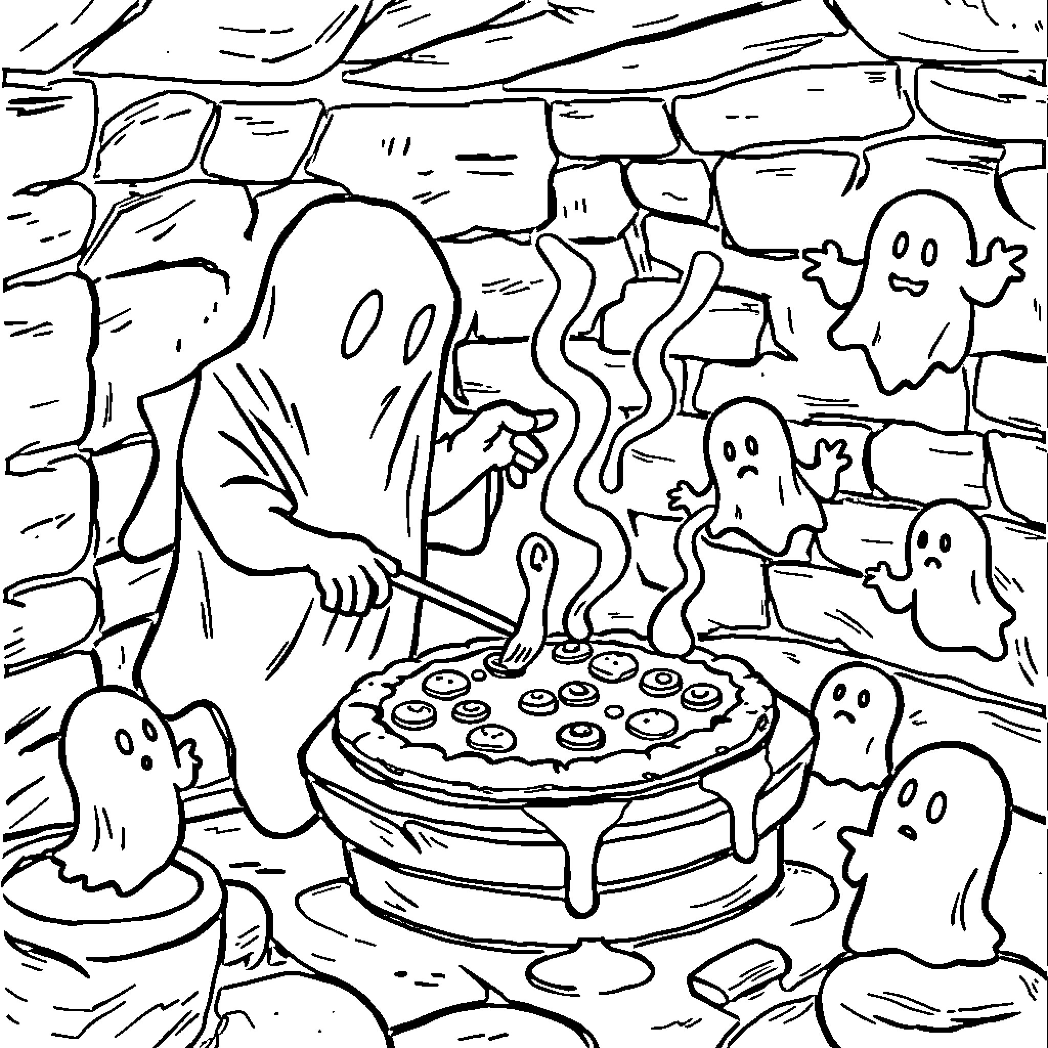 Ghost Bakers Preparing Spooky Treats Coloring Page (free black-and-white line drawing printable PDF for all, from beginners to advanced learners, including children, teens, adults, and seniors)