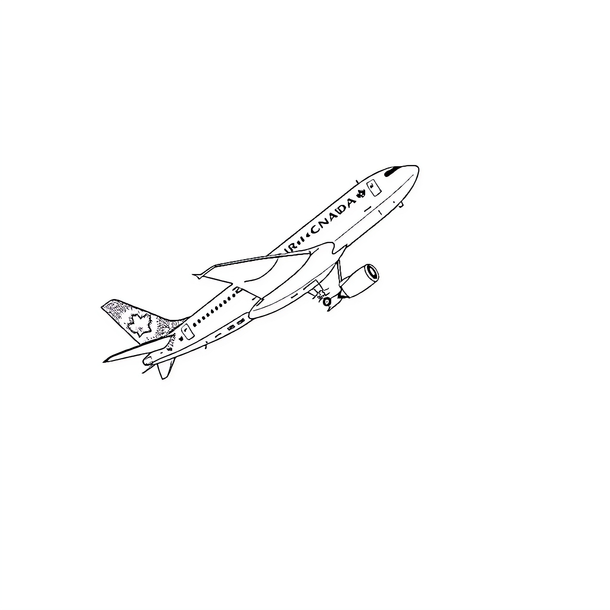 Aicanada airplane taking off Coloring Page (free black-and-white line drawing printable PDF for all, from beginners to advanced learners, including children, teens, adults, and seniors)
