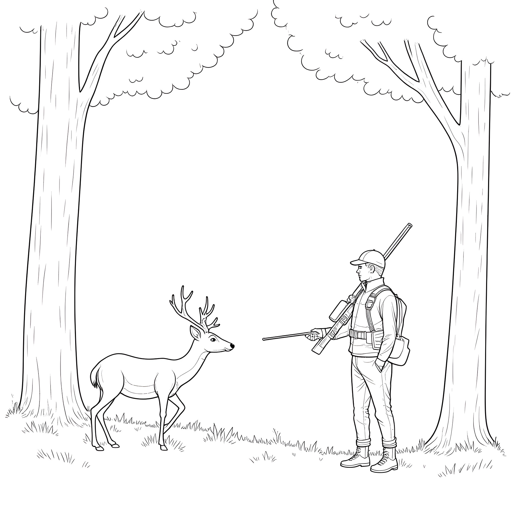 Hunter observing deer in the forest Coloring Page (free black-and-white line drawing printable PDF for all, from beginners to advanced learners, including children, teens, adults, and seniors)