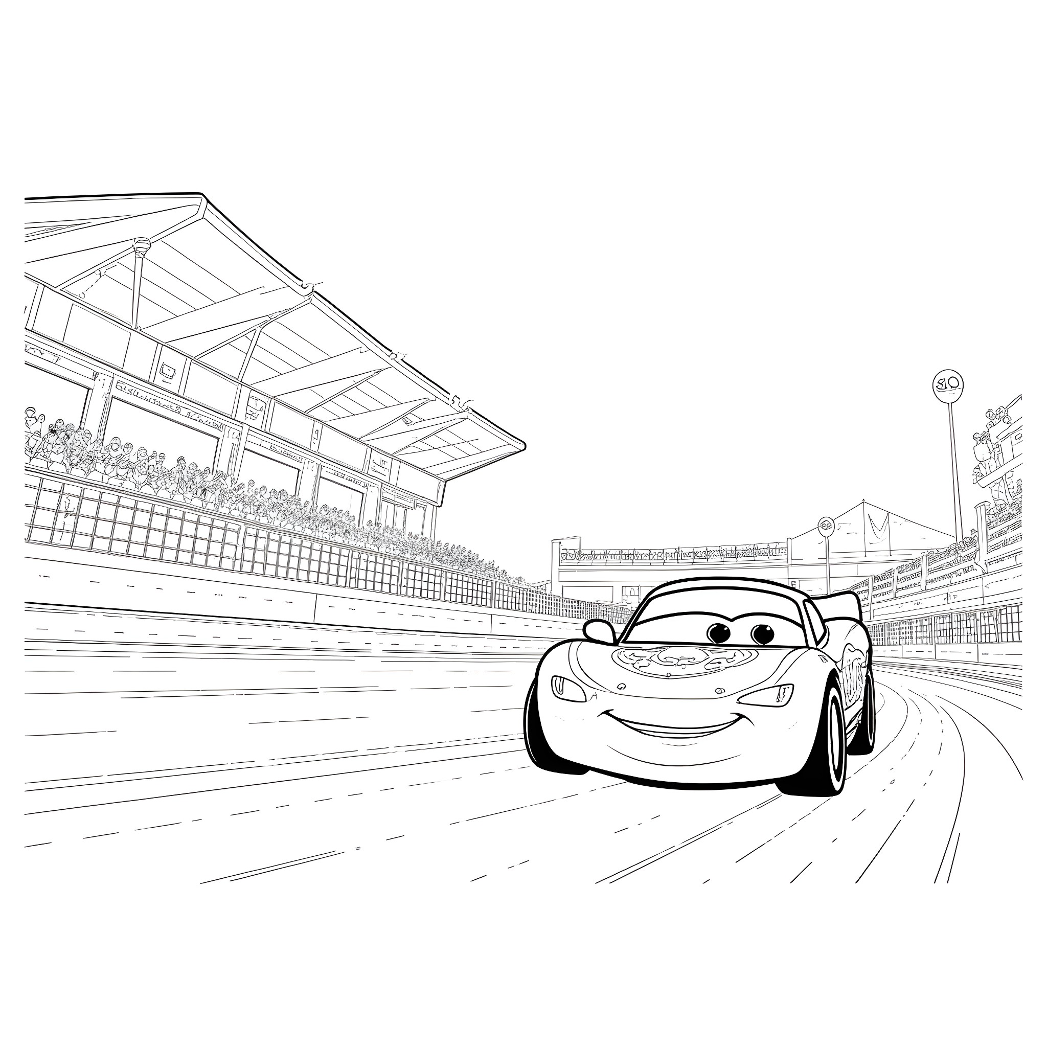 Lightning McQueen racing on the track Coloring Page (free black-and-white line drawing printable PDF for all, from beginners to advanced learners, including children, teens, adults, and seniors)
