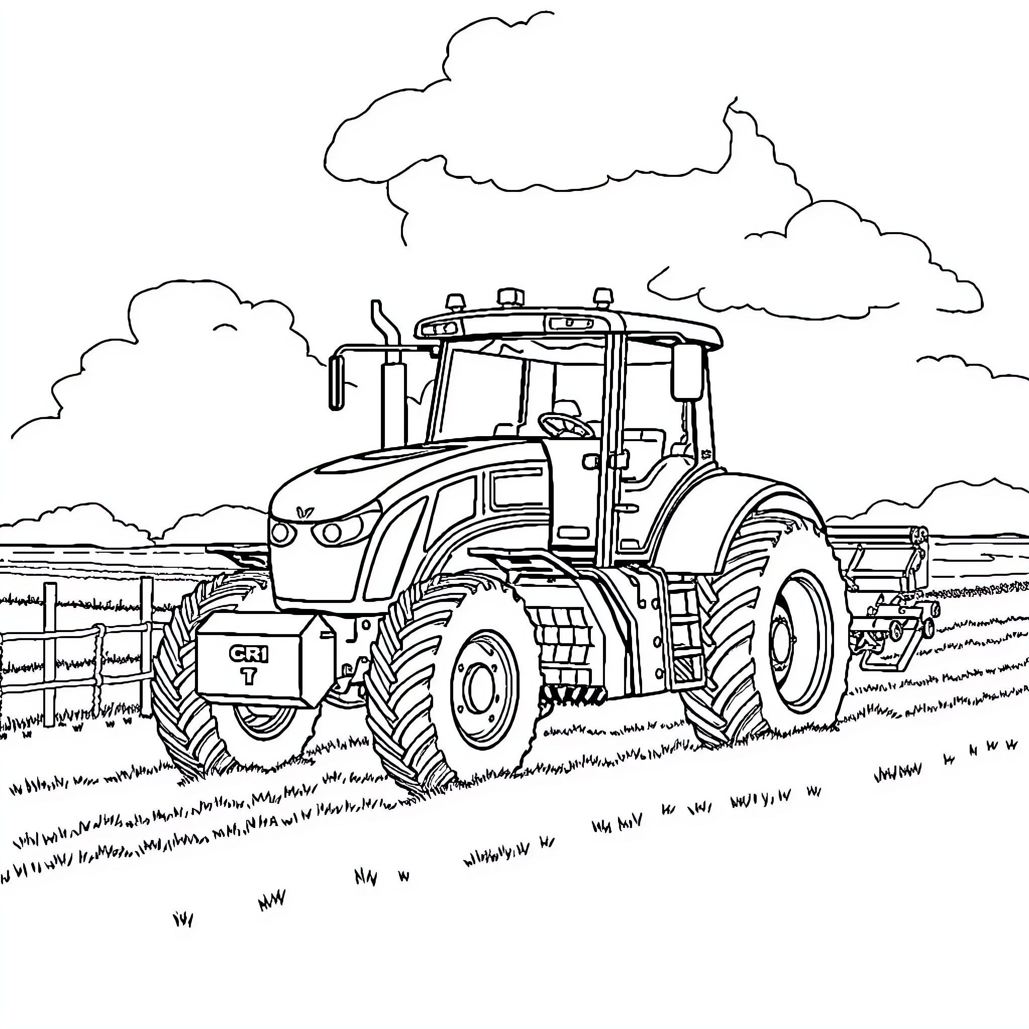 Tractor driving in a rural farm landscape Coloring Page (free black-and-white line drawing printable PDF for all, from beginners to advanced learners, including children, teens, adults, and seniors)