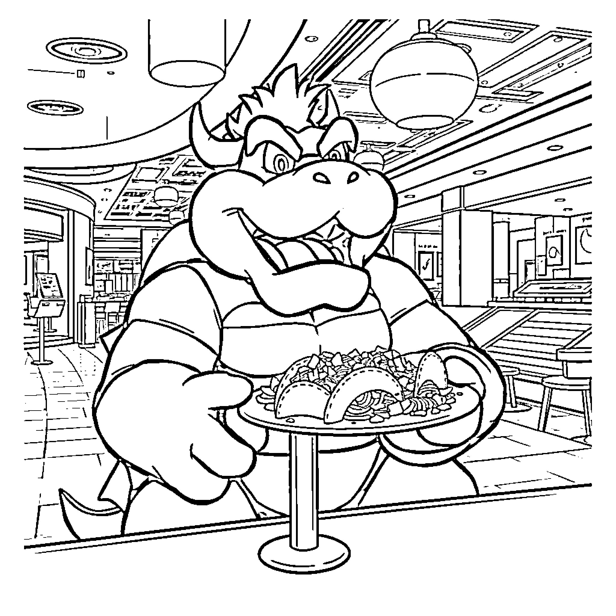 Bowser enjoying a delicious meal in a restaurant Coloring Page (free black-and-white line drawing printable PDF for all, from beginners to advanced learners, including children, teens, adults, and seniors)