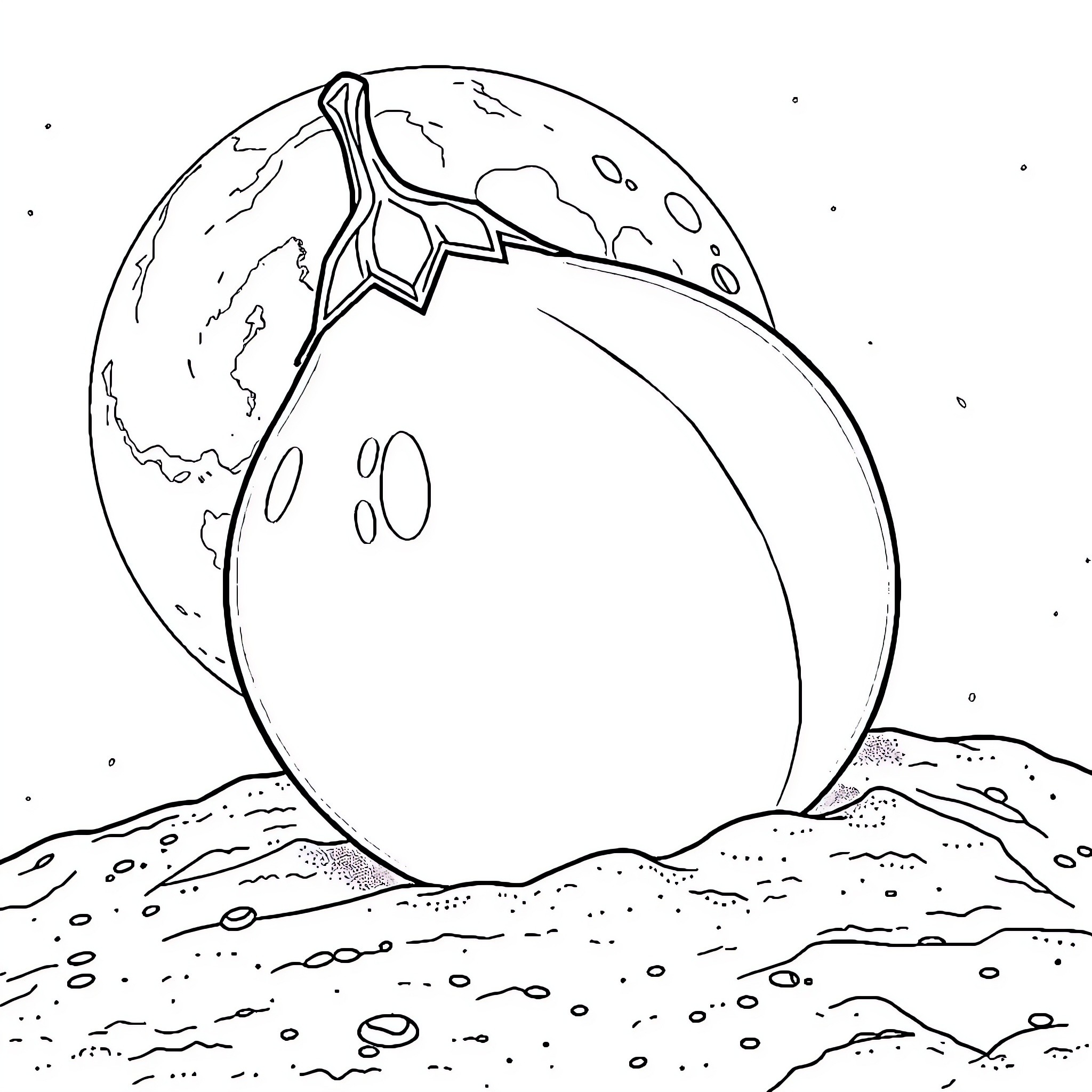 Eggplant spacecraft exploring alien planet Coloring Page (free black-and-white line drawing printable PDF for all, from beginners to advanced learners, including children, teens, adults, and seniors)