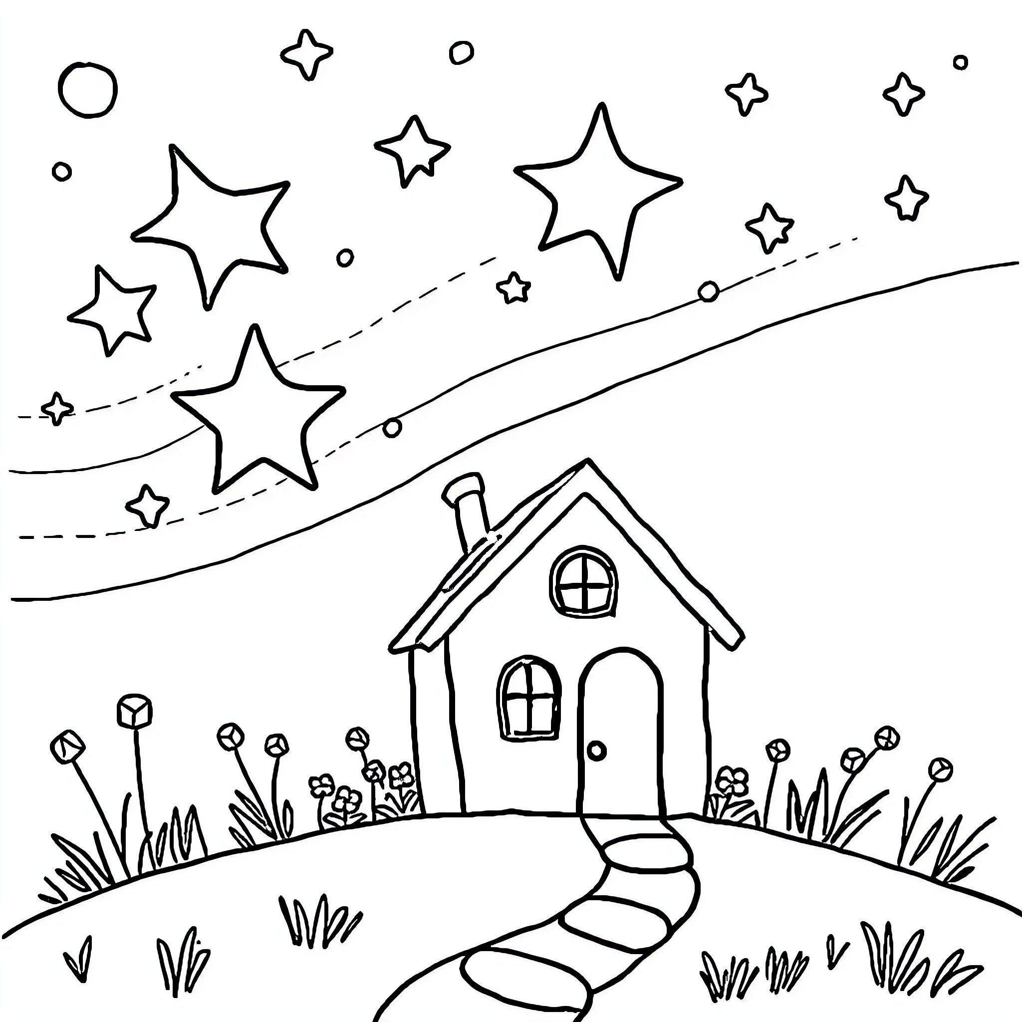 Stars shining brightly over a cozy cottage Coloring Page (free black-and-white line drawing printable PDF for all, from beginners to advanced learners, including children, teens, adults, and seniors)