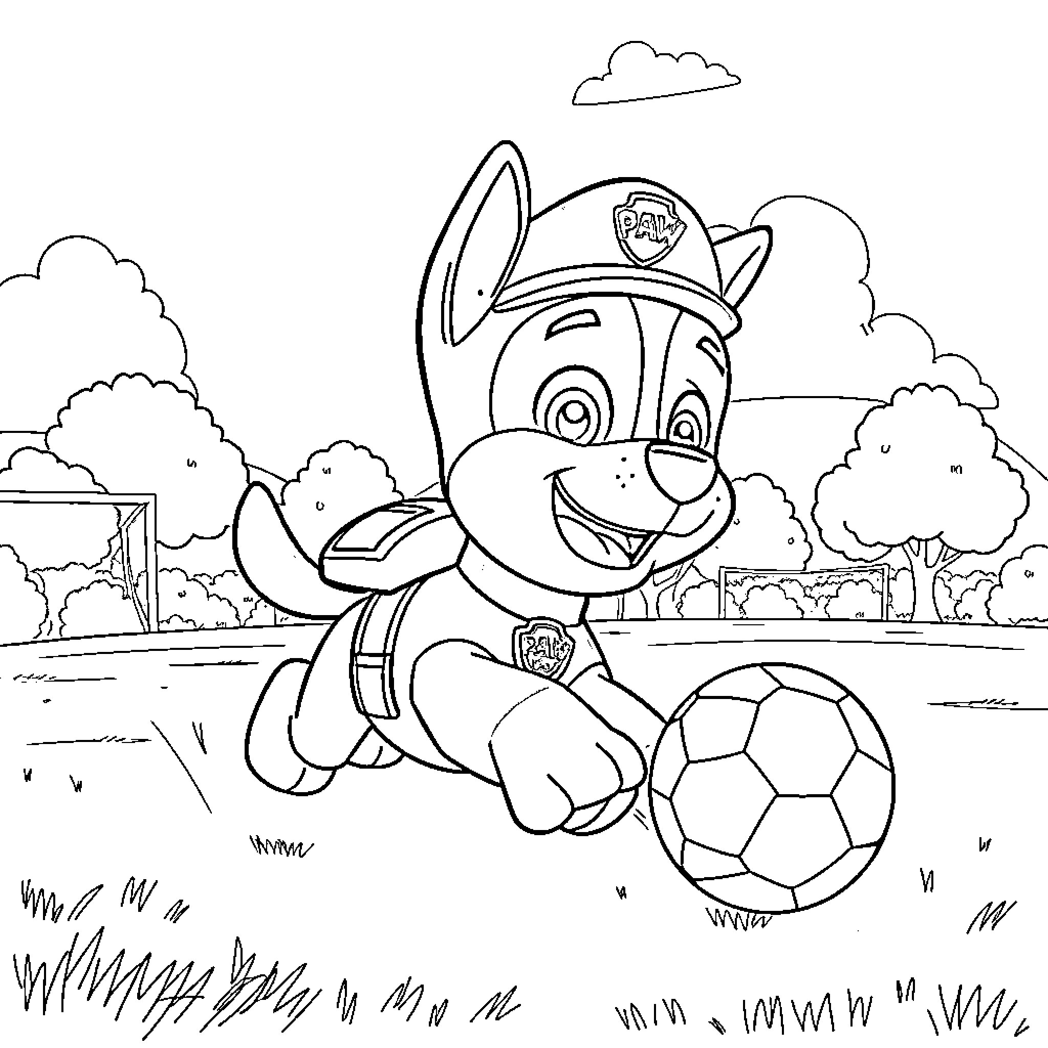 Chase the pup playing soccer on the field Coloring Page (free black-and-white line drawing printable PDF for all, from beginners to advanced learners, including children, teens, adults, and seniors)