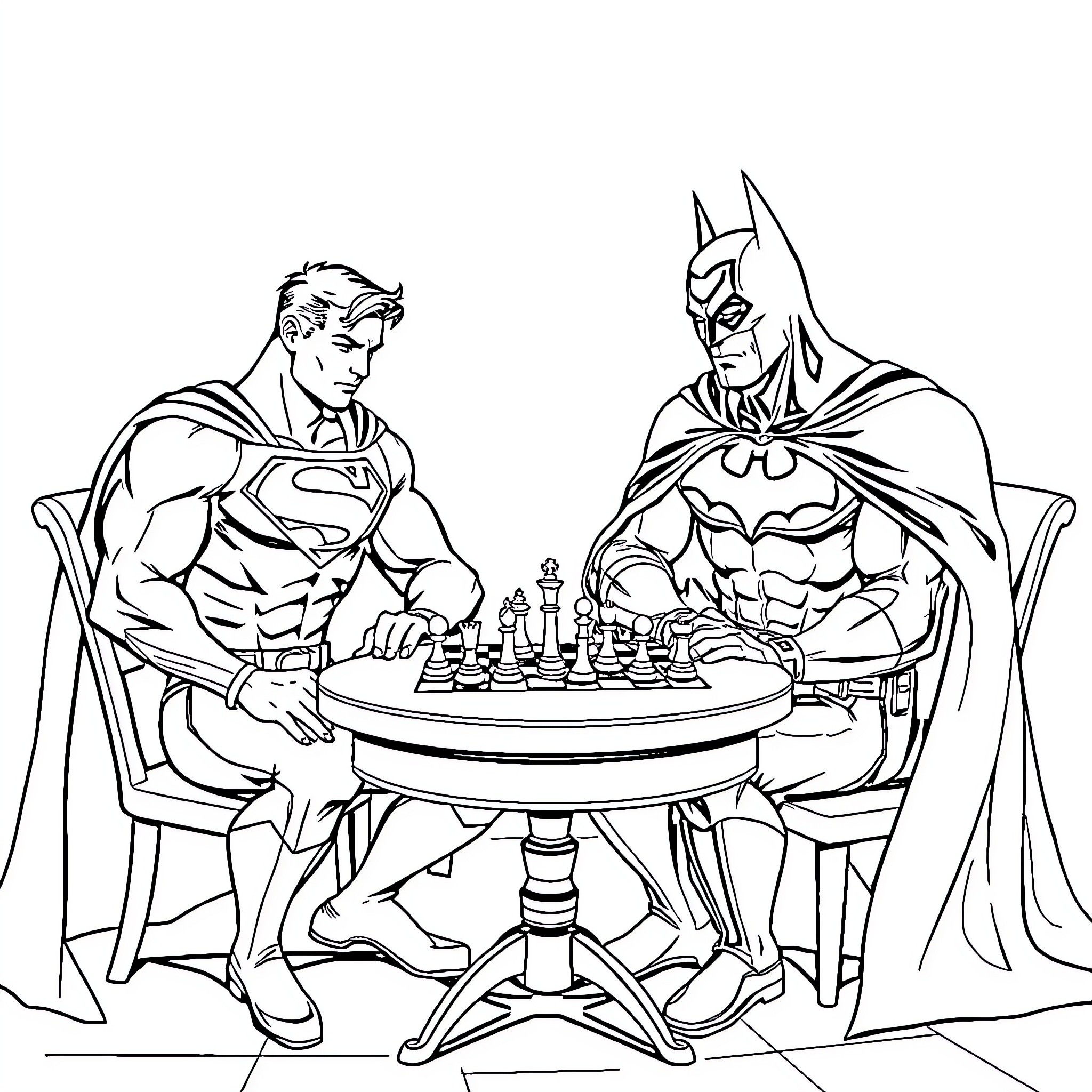 Superman and Batman play chess together Coloring Page (free black-and-white line drawing printable PDF for all, from beginners to advanced learners, including children, teens, adults, and seniors)