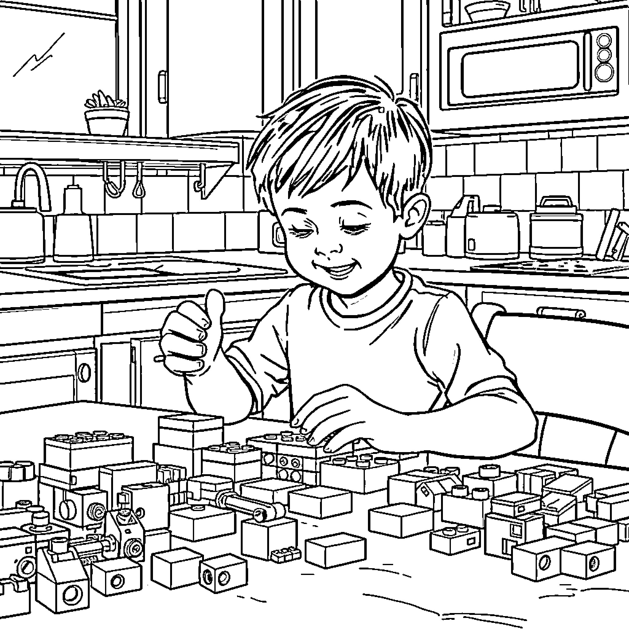 Kid playing happily with toy blocks in the kitchen Coloring Page (free black-and-white line drawing printable PDF for all, from beginners to advanced learners, including children, teens, adults, and seniors)