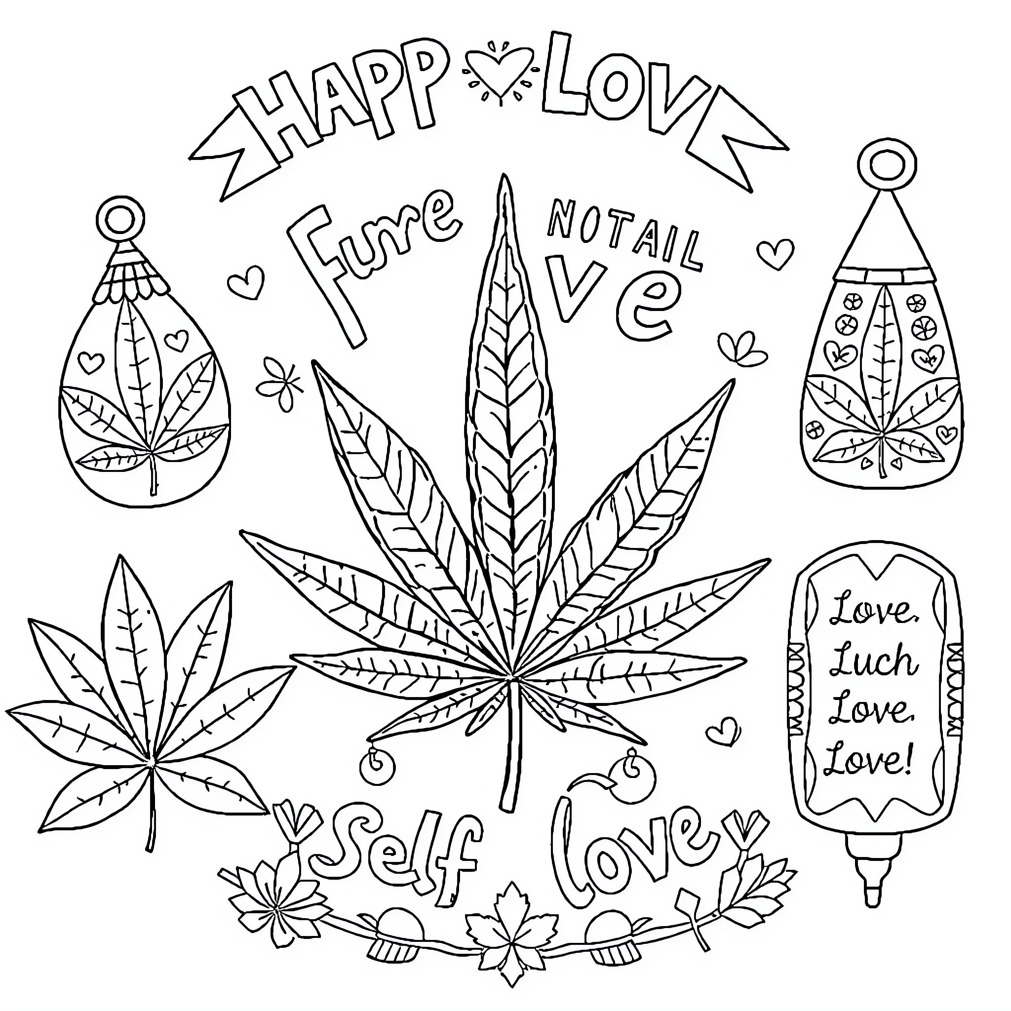 Marijuana themed happy love artwork Coloring Page (free black-and-white line drawing printable PDF for all, from beginners to advanced learners, including children, teens, adults, and seniors)