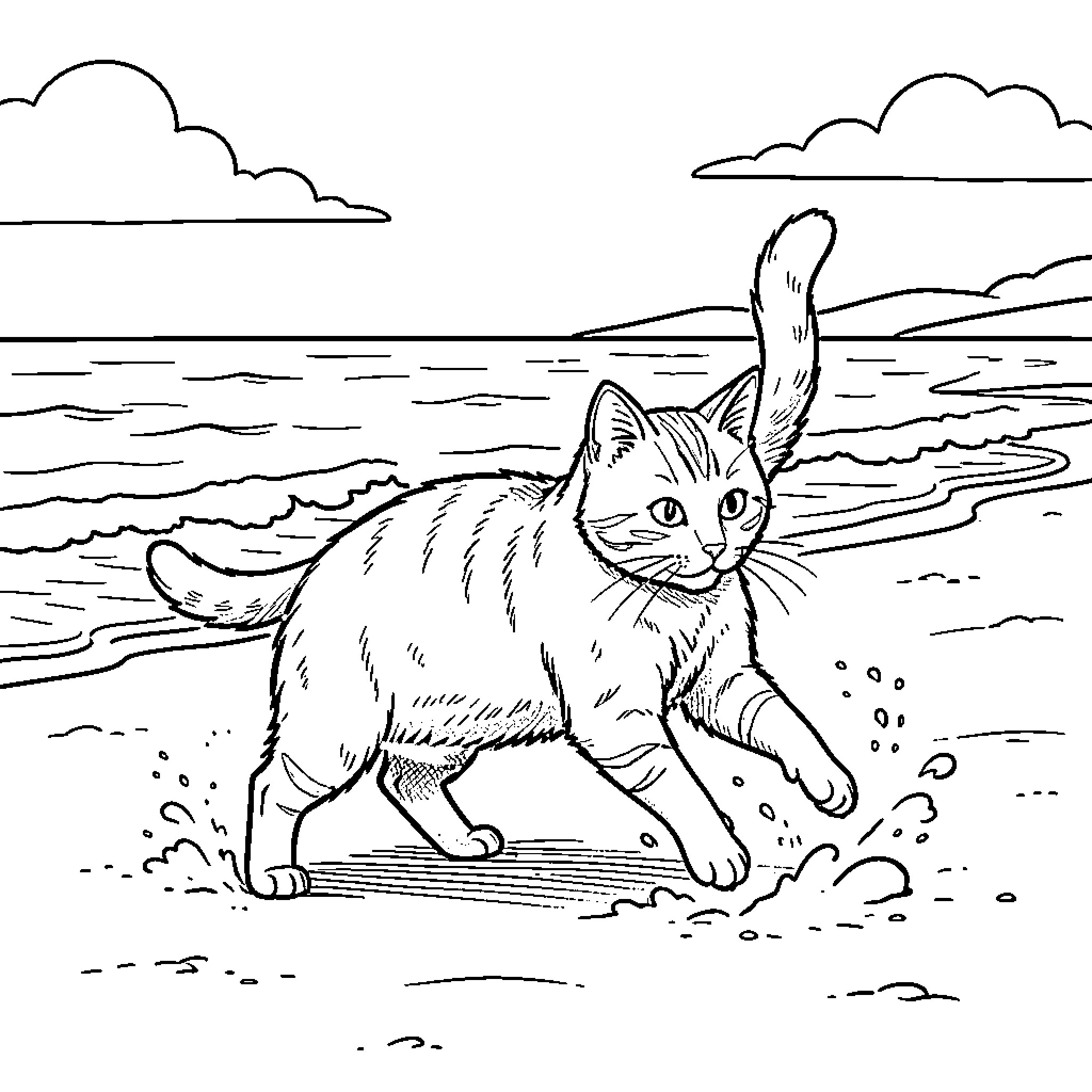 Cat exploring the beach Coloring Page (free black-and-white line drawing printable PDF for all, from beginners to advanced learners, including children, teens, adults, and seniors)