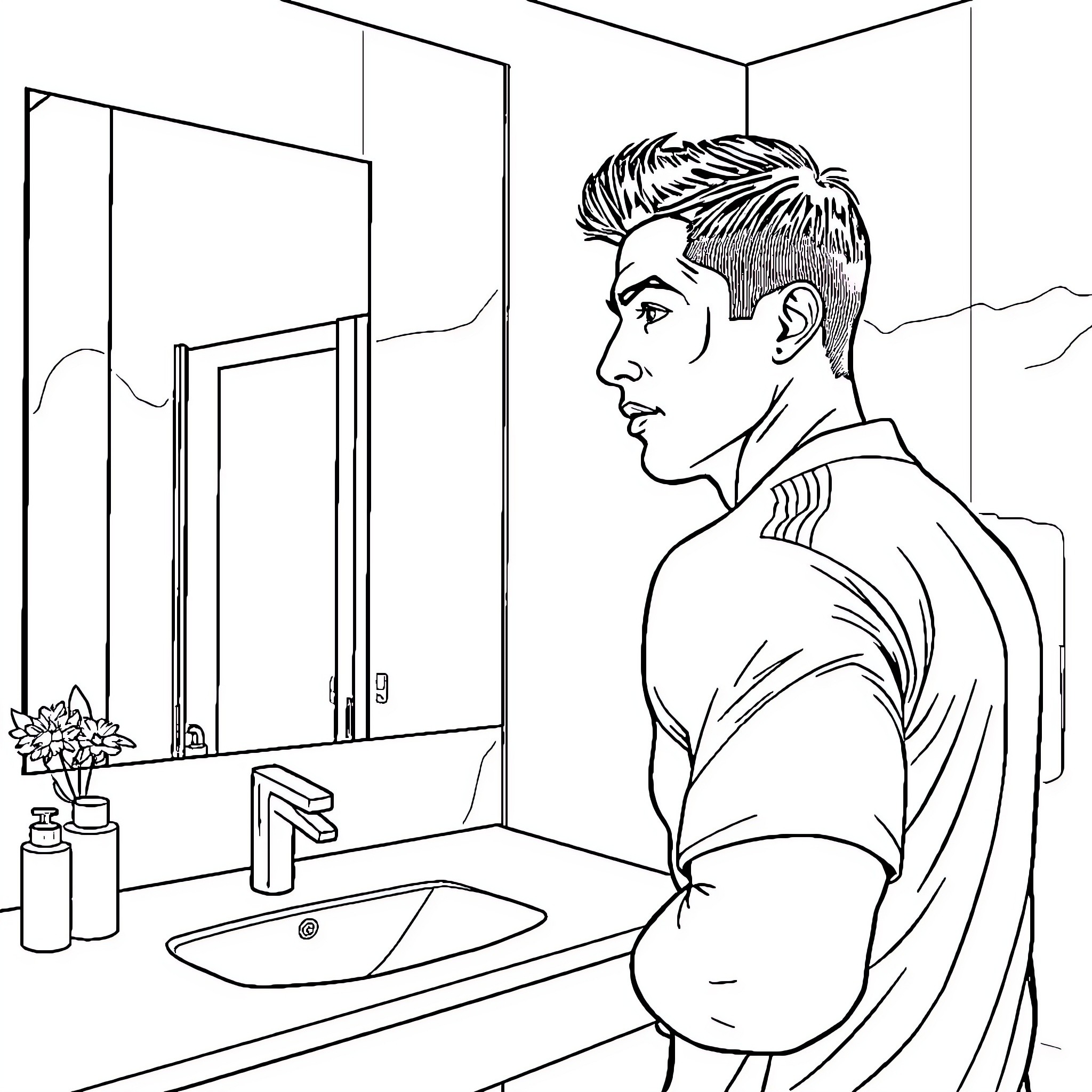 Cristiano Ronaldo in Thoughtful Reflection Coloring Page (free black-and-white line drawing printable PDF for all, from beginners to advanced learners, including children, teens, adults, and seniors)