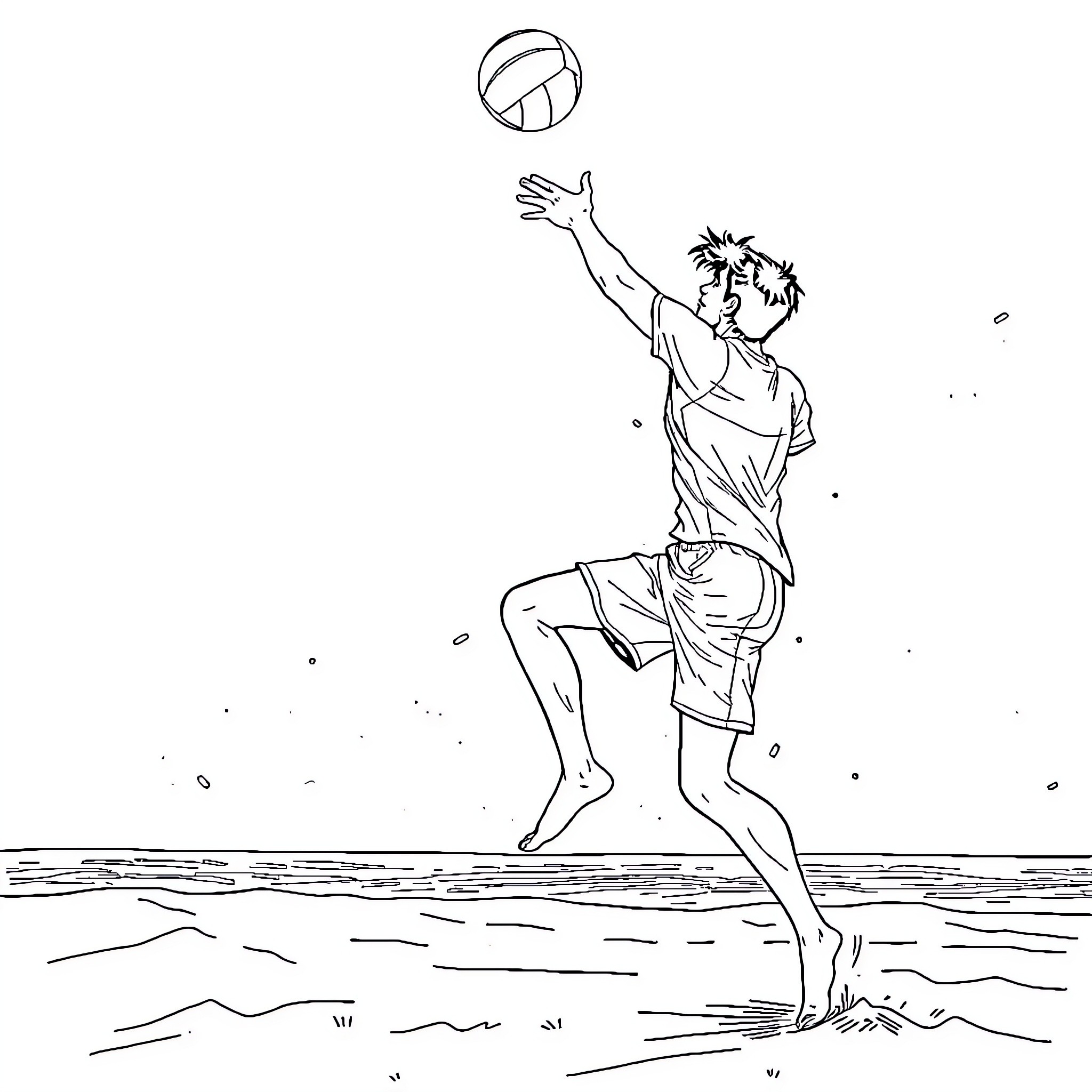 Eren Yeager Playing Volleyball on the Beach Coloring Page (free black-and-white line drawing printable PDF for all, from beginners to advanced learners, including children, teens, adults, and seniors)