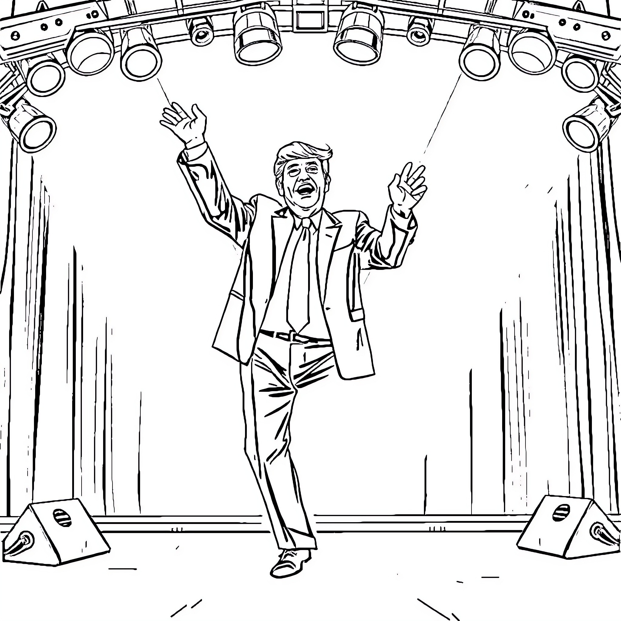 Trump Performing Energetically on Stage Coloring Page (free black-and-white line drawing printable PDF for all, from beginners to advanced learners, including children, teens, adults, and seniors)