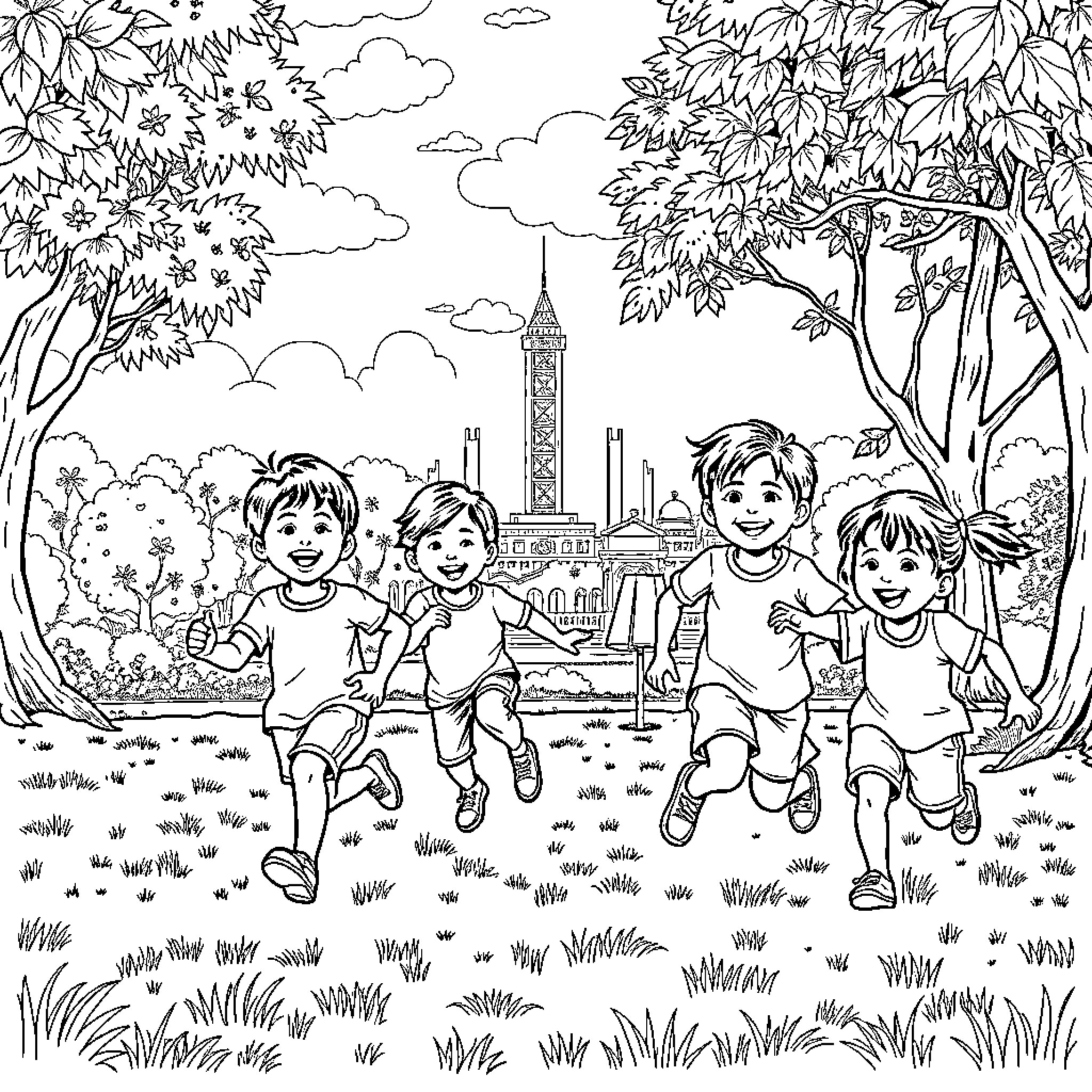 Kid playing joyfully in lush park near cityscape Coloring Page (free black-and-white line drawing printable PDF for all, from beginners to advanced learners, including children, teens, adults, and seniors)