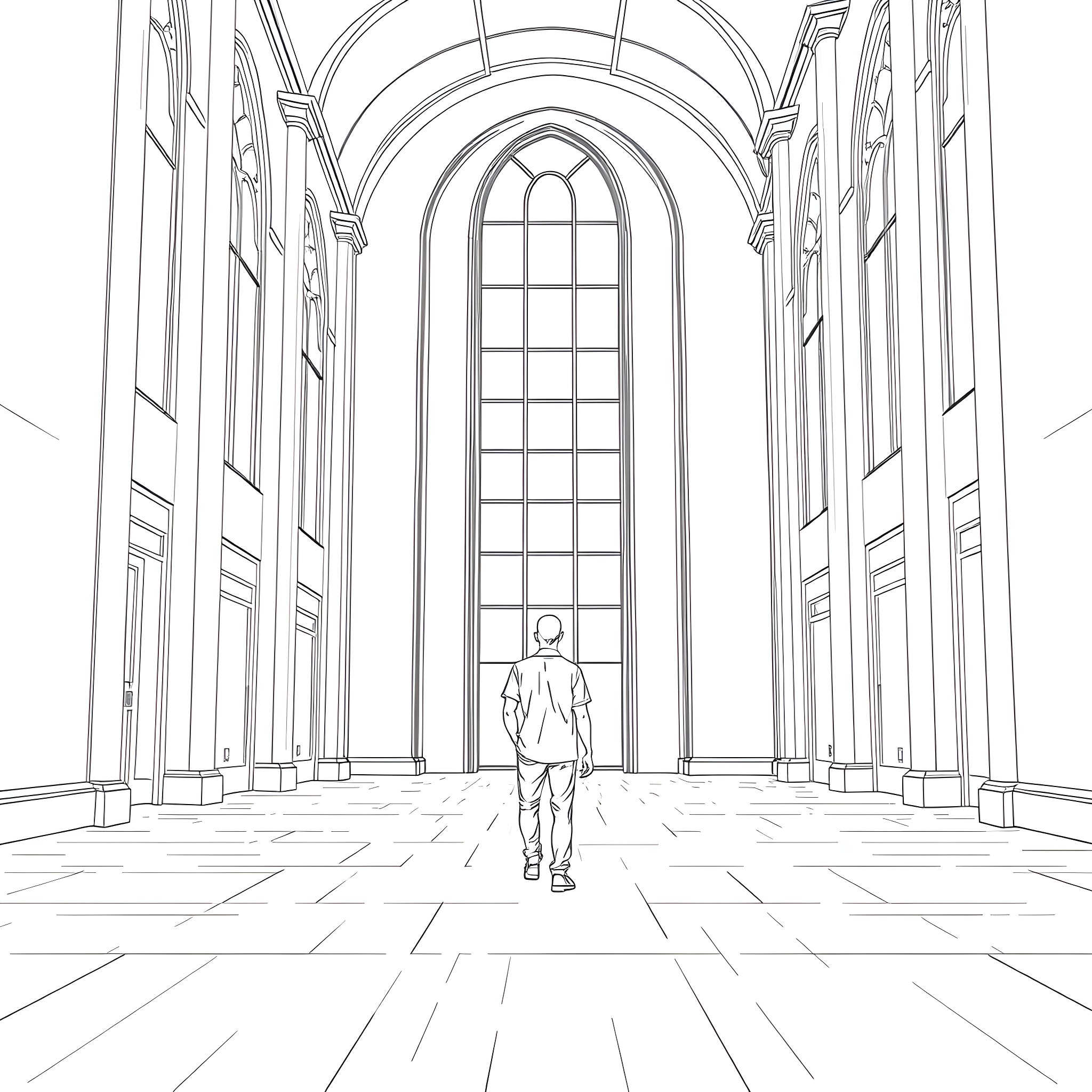 Guy walking through a grand cathedral Coloring Page (free black-and-white line drawing printable PDF for all, from beginners to advanced learners, including children, teens, adults, and seniors)