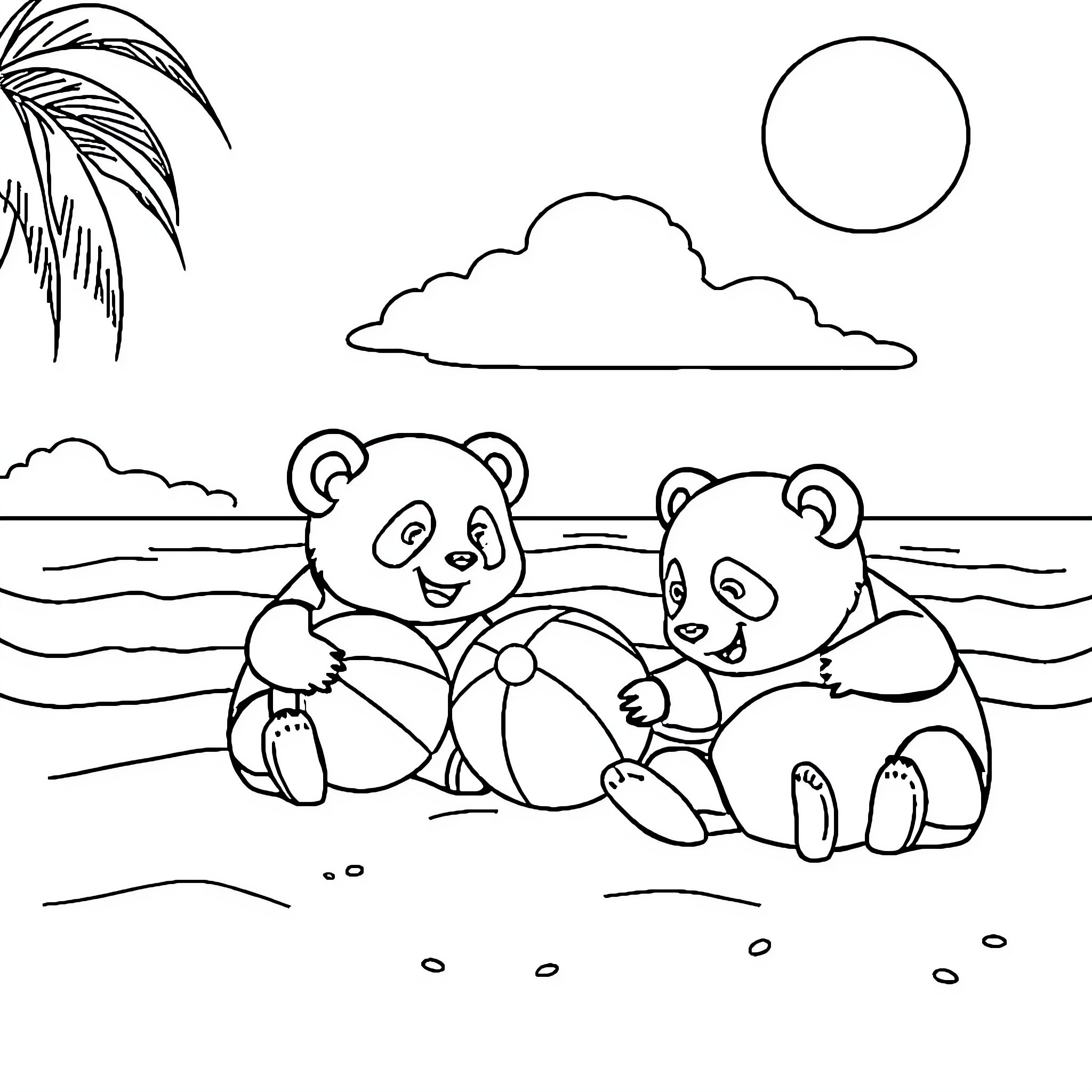 Panda bears playing on the beach Coloring Page (free black-and-white line drawing printable PDF for all, from beginners to advanced learners, including children, teens, adults, and seniors)
