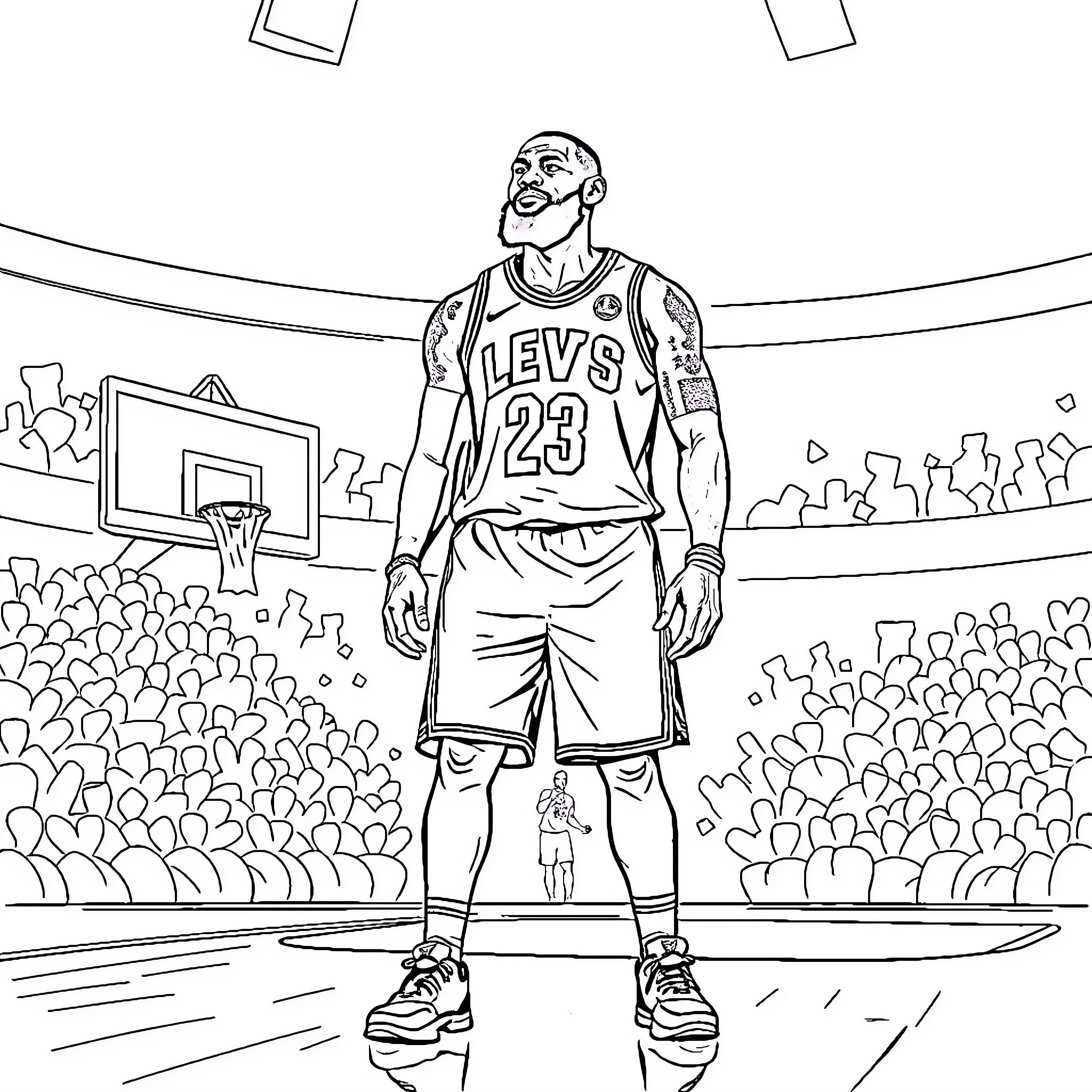 LeBron James on Basketball Court with Fans Coloring Page (free black-and-white line drawing printable PDF for all, from beginners to advanced learners, including children, teens, adults, and seniors)