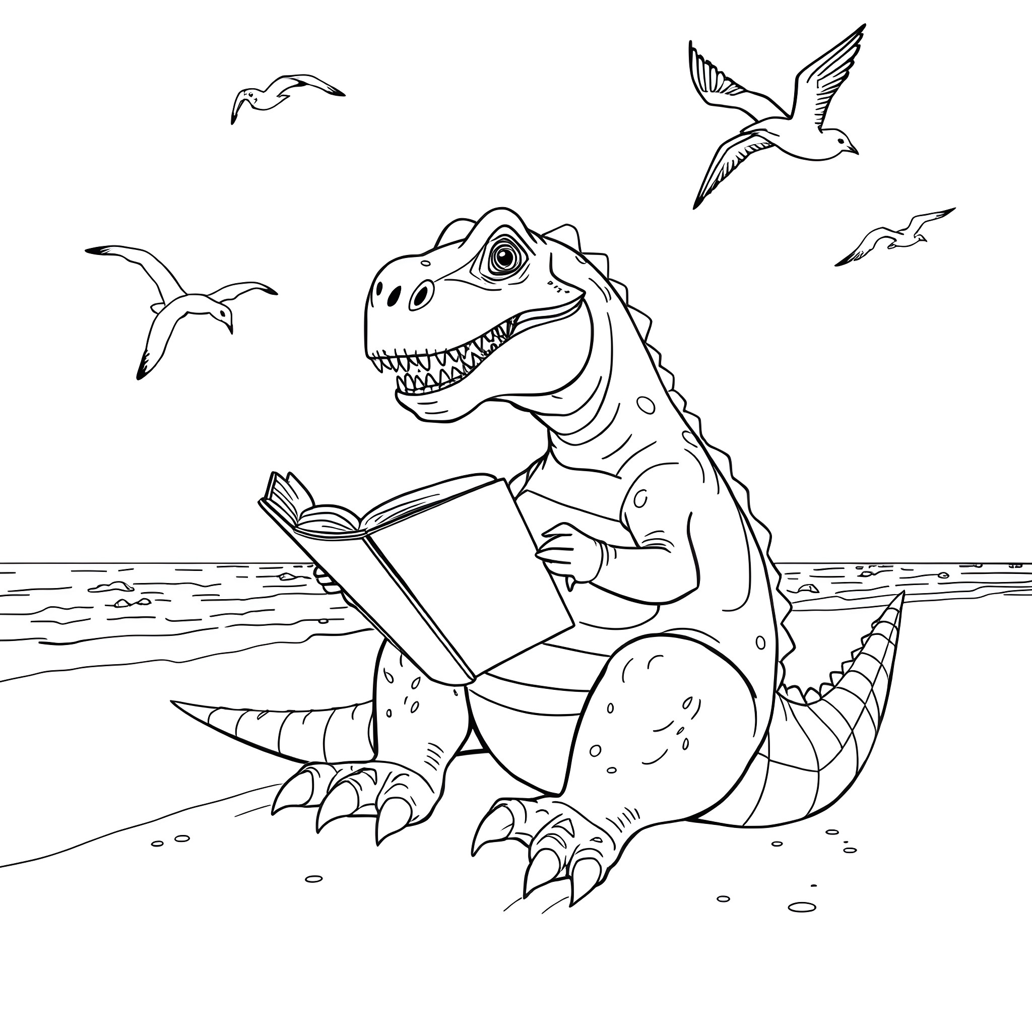 T-Rex reading book on beach with seagulls Coloring Page (free black-and-white line drawing printable PDF for all, from beginners to advanced learners, including children, teens, adults, and seniors)