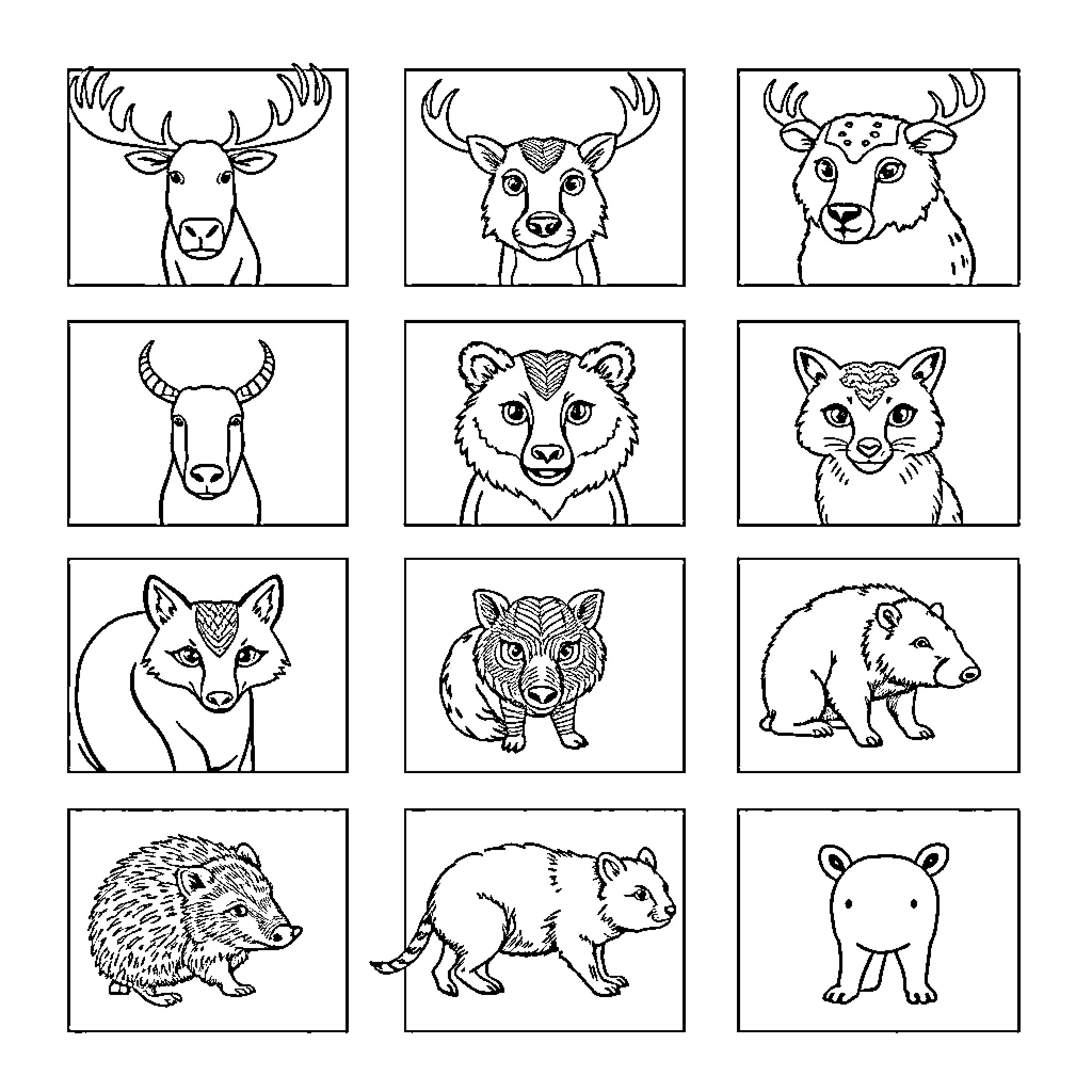 Animal portrait illustrations in black and white Coloring Page (free black-and-white line drawing printable PDF for all, from beginners to advanced learners, including children, teens, adults, and seniors)