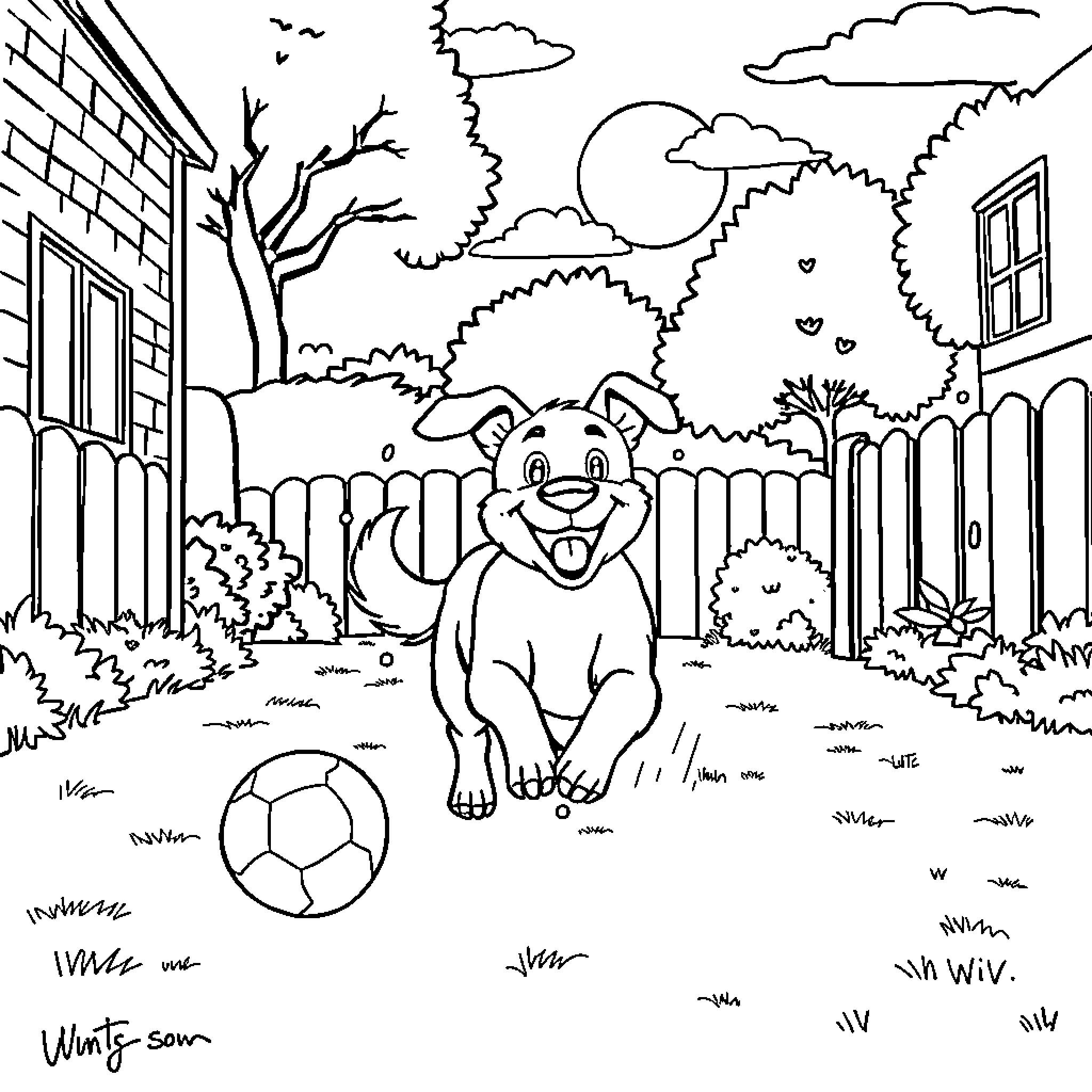 Dog playing with ball in backyard Coloring Page (free black-and-white line drawing printable PDF for all, from beginners to advanced learners, including children, teens, adults, and seniors)