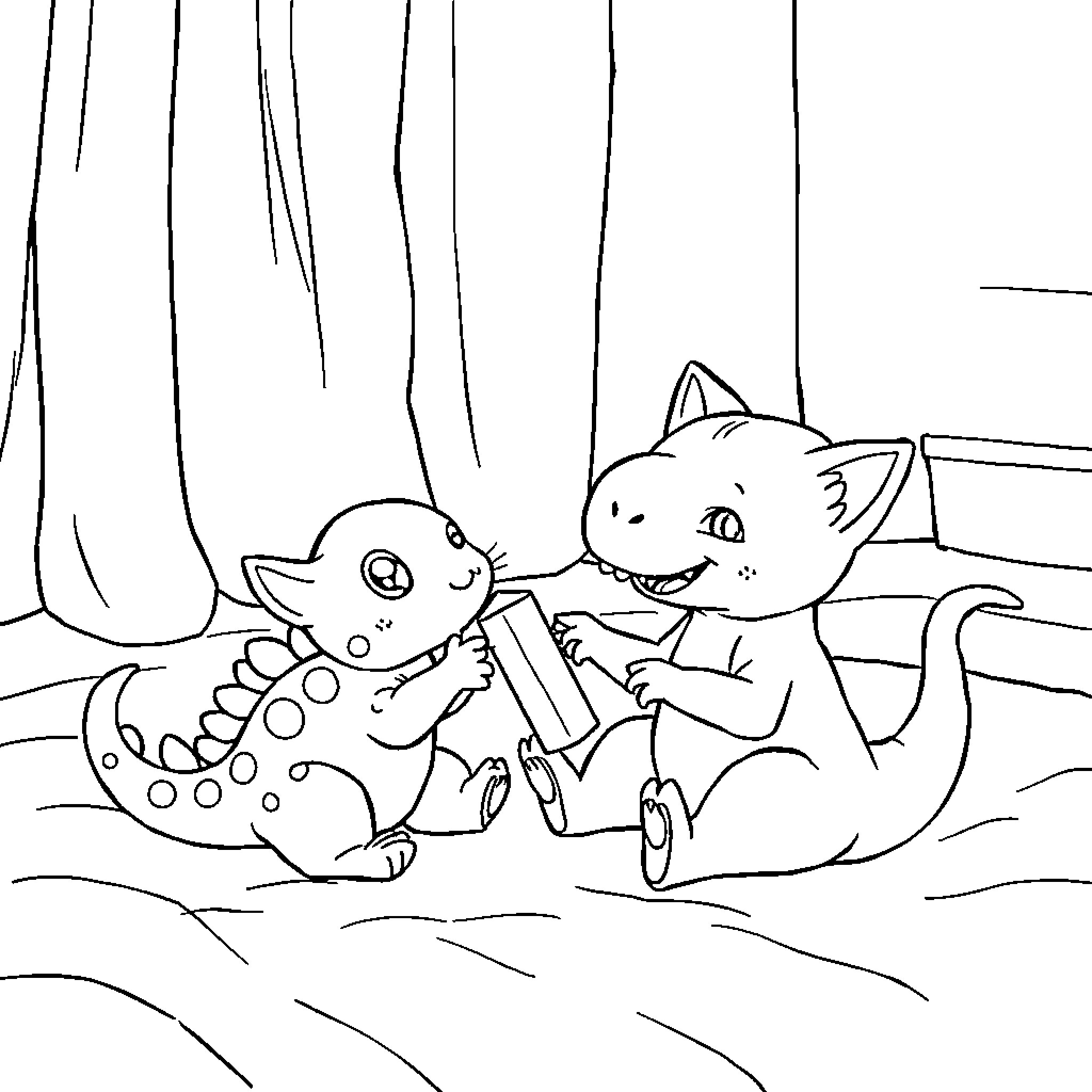 Cats playing together in the forest Coloring Page (free black-and-white line drawing printable PDF for all, from beginners to advanced learners, including children, teens, adults, and seniors)