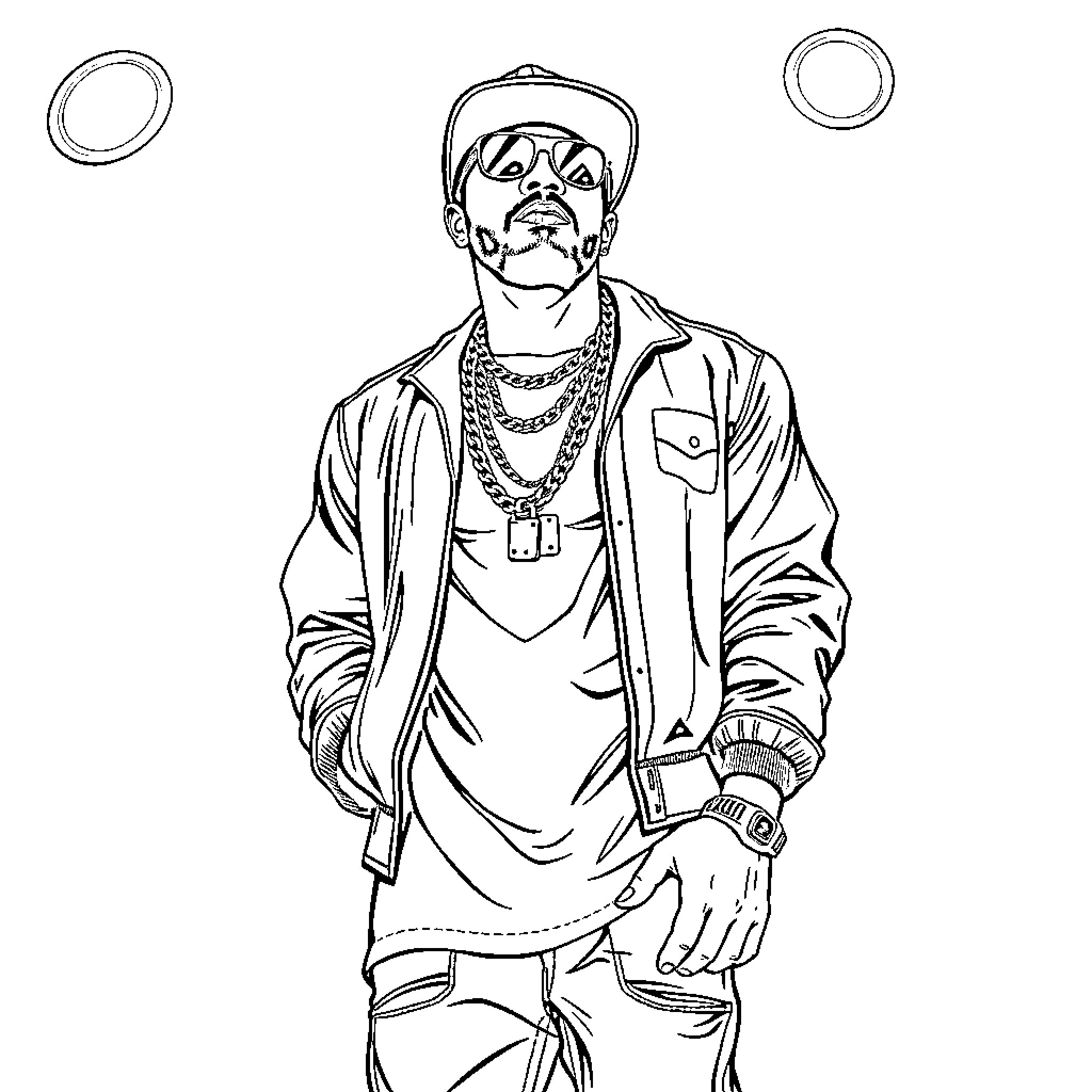 Rapper in stylish outfit and accessories Coloring Page (free black-and-white line drawing printable PDF for all, from beginners to advanced learners, including children, teens, adults, and seniors)