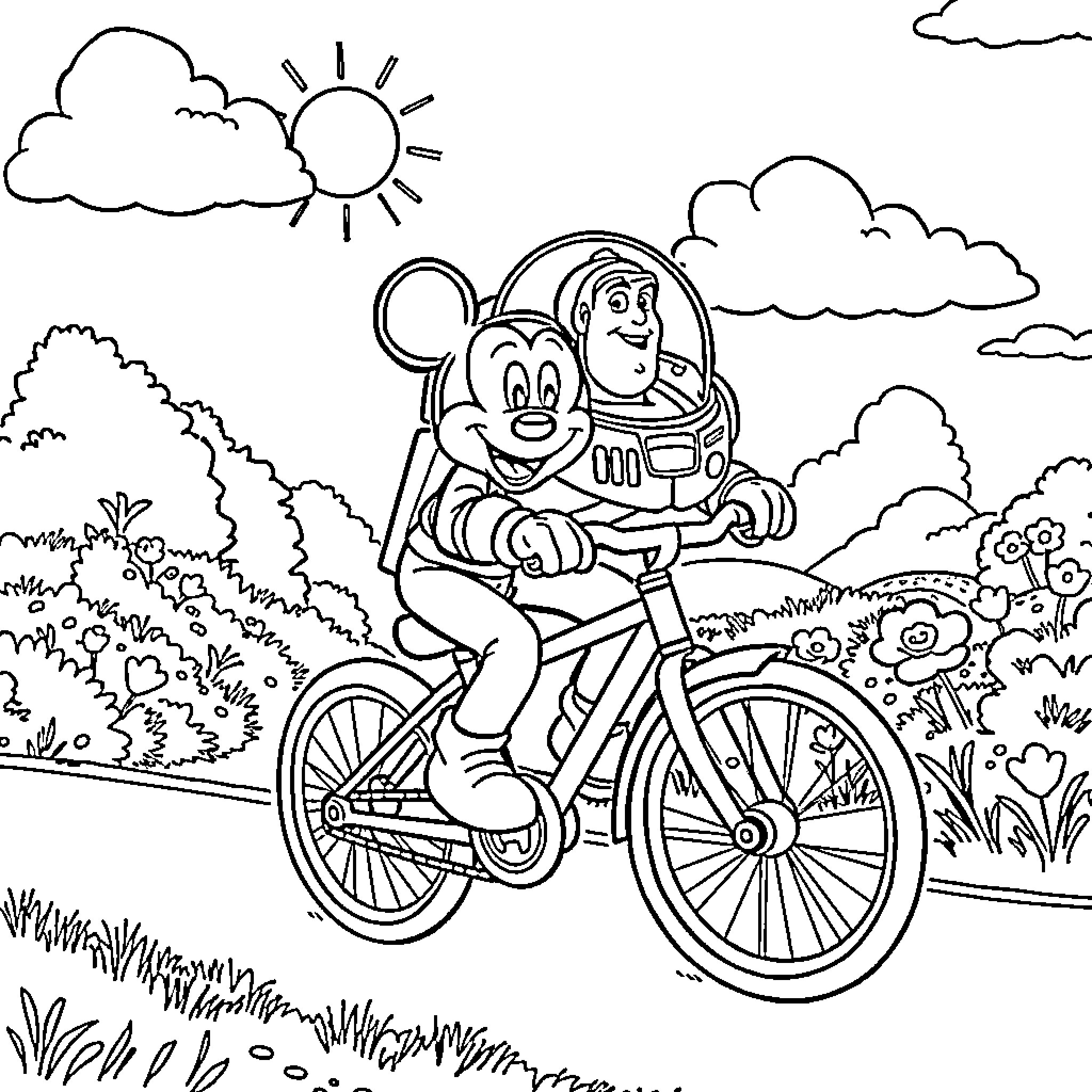 Mickey Mouse cycling happily through a scenic landscape Coloring Page (free black-and-white line drawing printable PDF for all, from beginners to advanced learners, including children, teens, adults, and seniors)