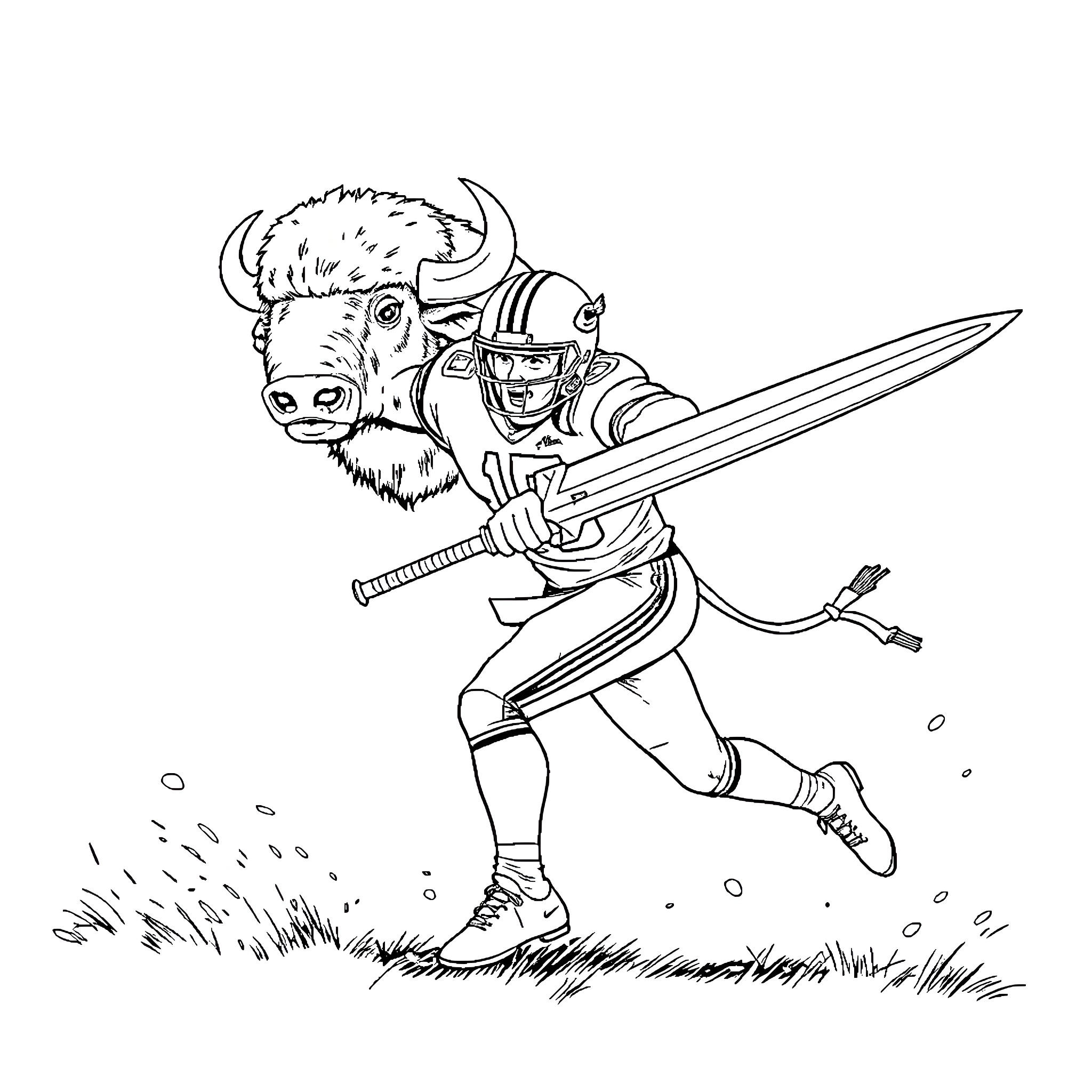 Buffalo warrior charging with sword and shield Coloring Page (free black-and-white line drawing printable PDF for all, from beginners to advanced learners, including children, teens, adults, and seniors)