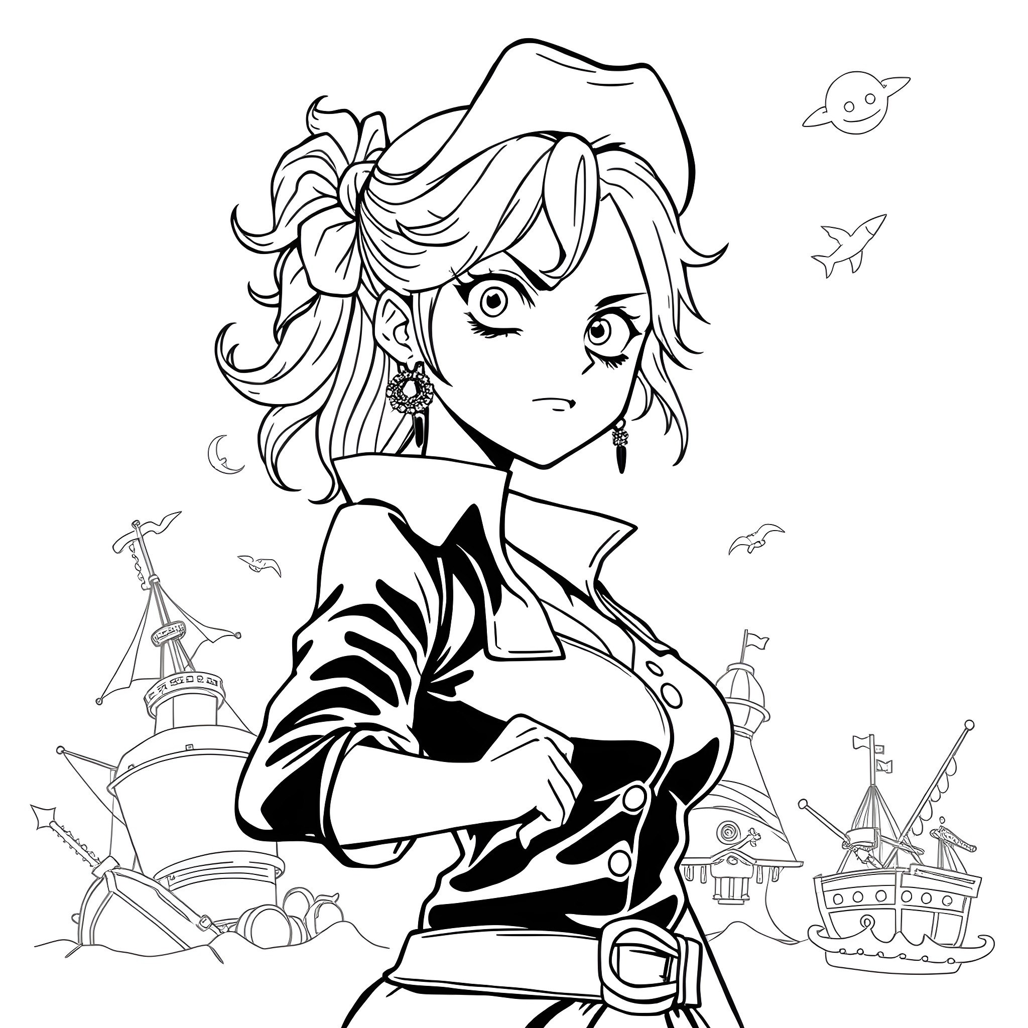 Nami, the Adventurous Pirate Girl Coloring Page (free black-and-white line drawing printable PDF for all, from beginners to advanced learners, including children, teens, adults, and seniors)