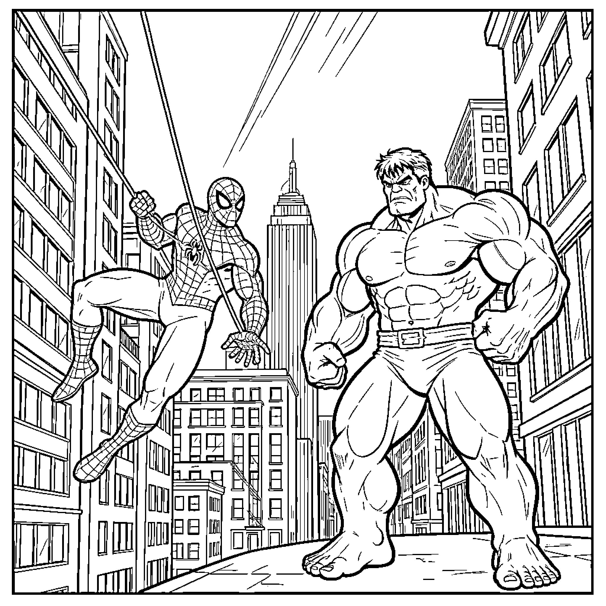 Spiderman and Hulk battling in the city Coloring Page (free black-and-white line drawing printable PDF for all, from beginners to advanced learners, including children, teens, adults, and seniors)