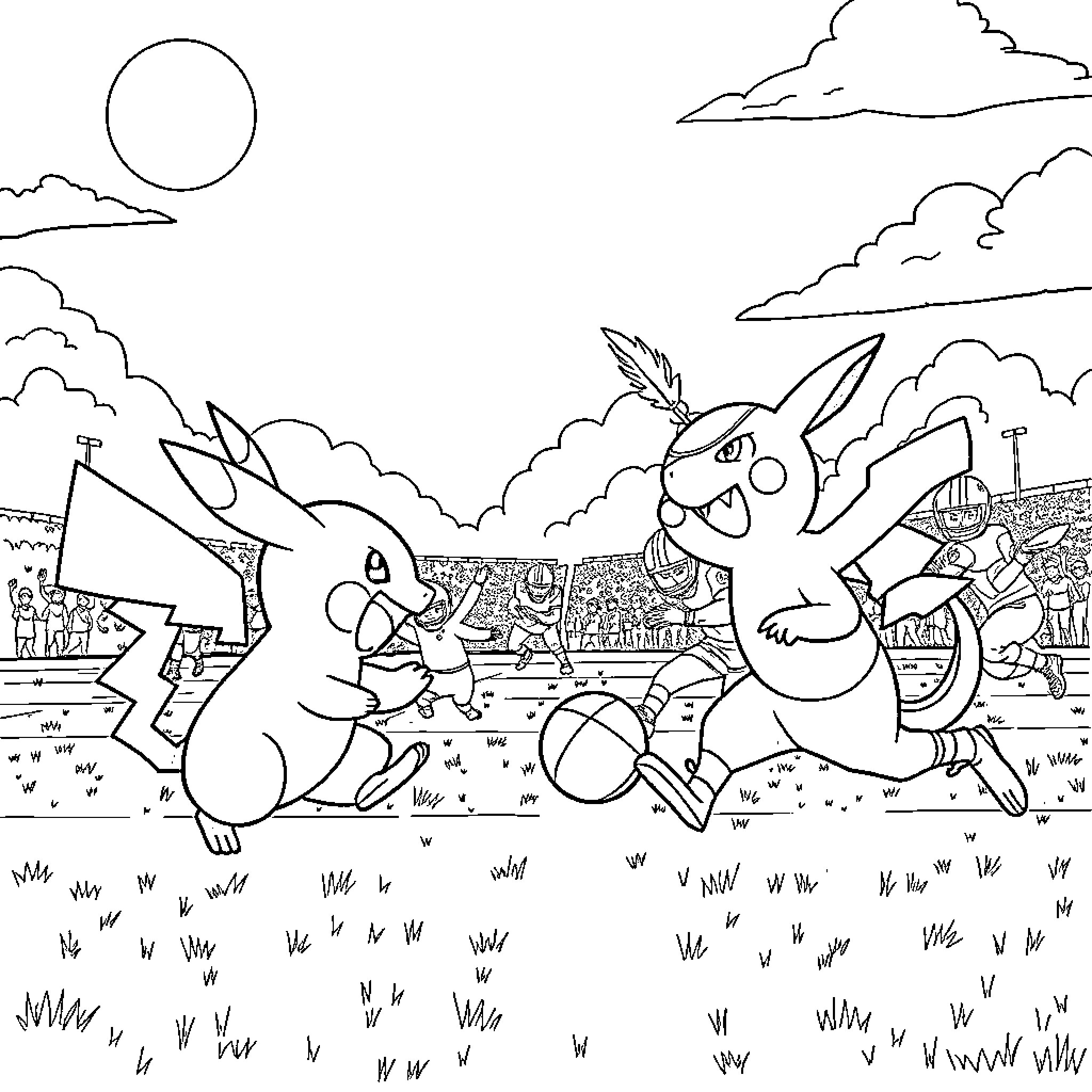 Pokémon characters engaged in energetic play Coloring Page (free black-and-white line drawing printable PDF for all, from beginners to advanced learners, including children, teens, adults, and seniors)