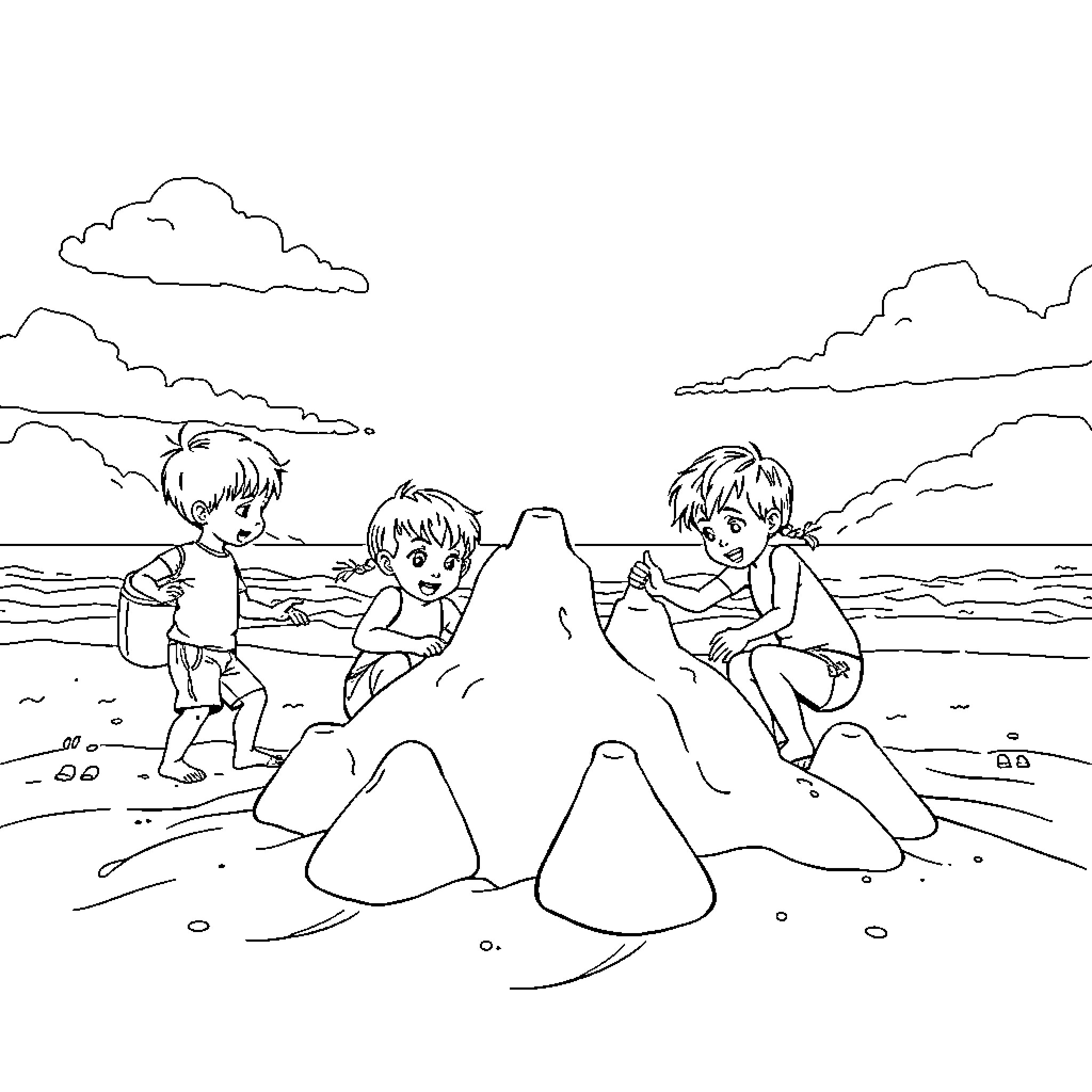 Children building sand castle on beach Coloring Page (free black-and-white line drawing printable PDF for all, from beginners to advanced learners, including children, teens, adults, and seniors)