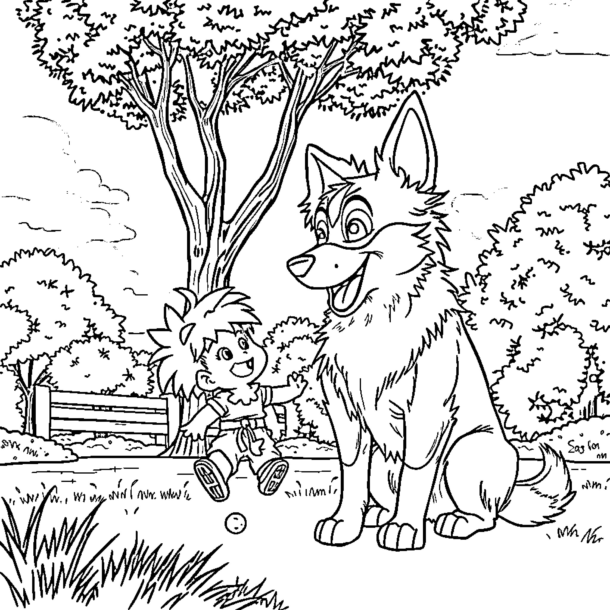 Bluey and the Puppy Explore the Outdoors Coloring Page (free black-and-white line drawing printable PDF for all, from beginners to advanced learners, including children, teens, adults, and seniors)