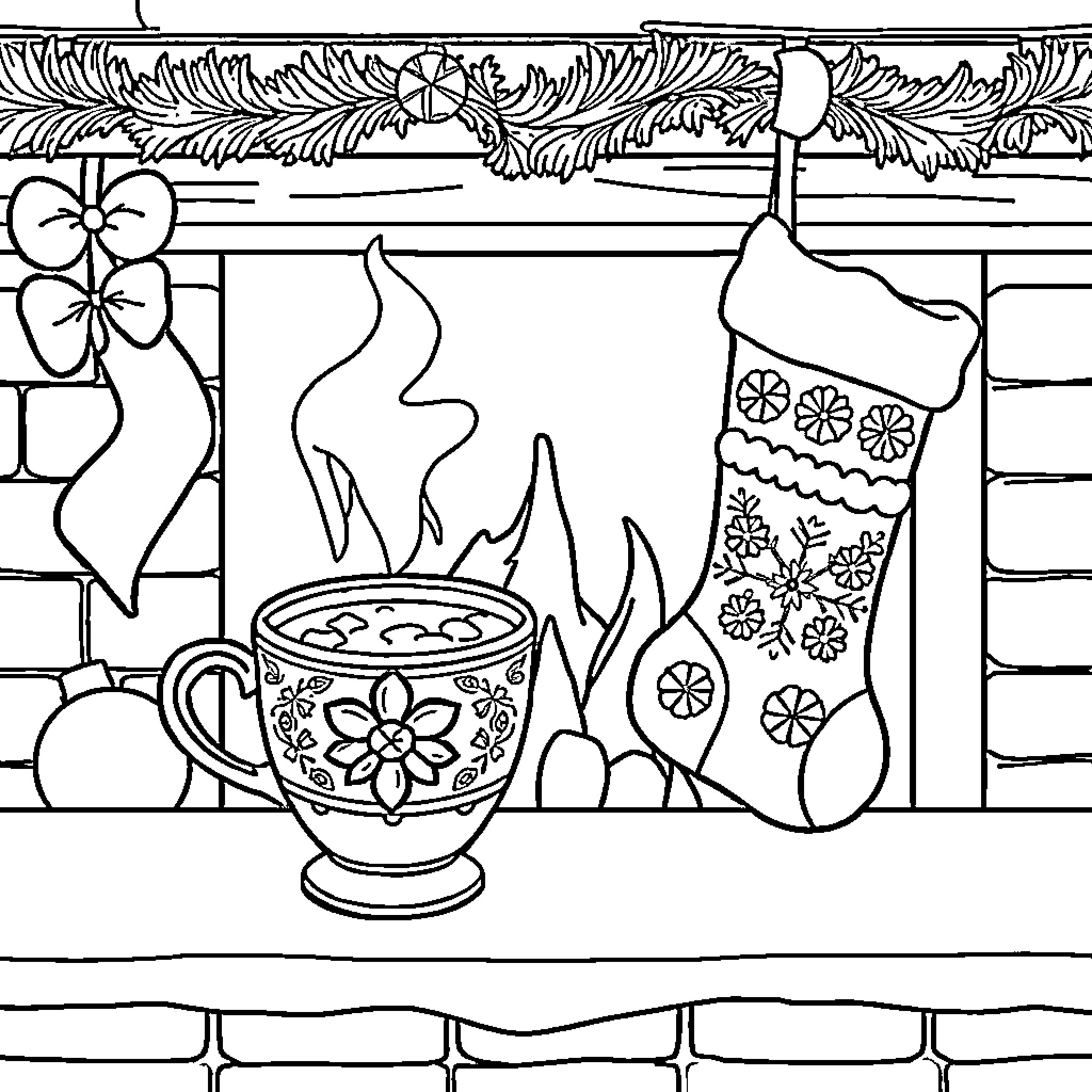 Cup of Hot Drink and Festive Decor Coloring Page (free black-and-white line drawing printable PDF for all, from beginners to advanced learners, including children, teens, adults, and seniors)