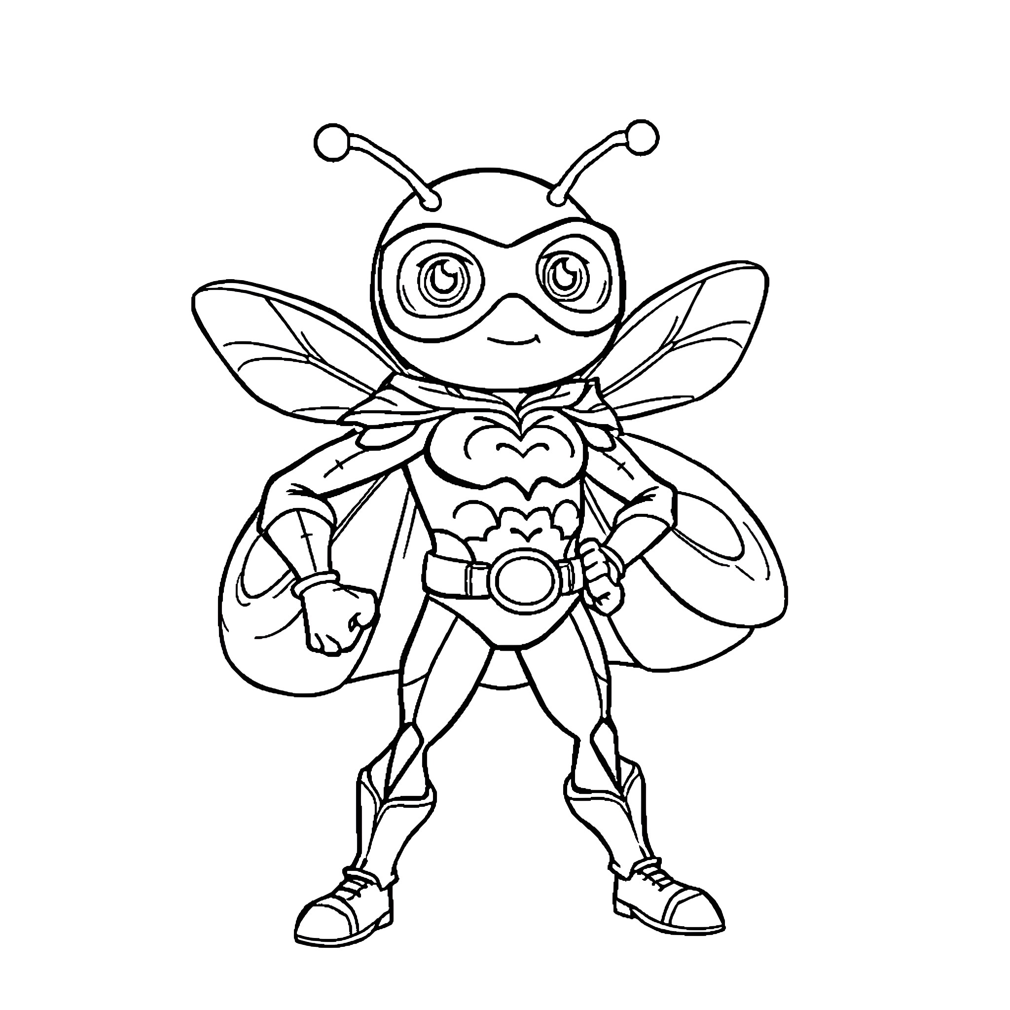 Bug superhero in an action pose Coloring Page (free black-and-white line drawing printable PDF for all, from beginners to advanced learners, including children, teens, adults, and seniors)
