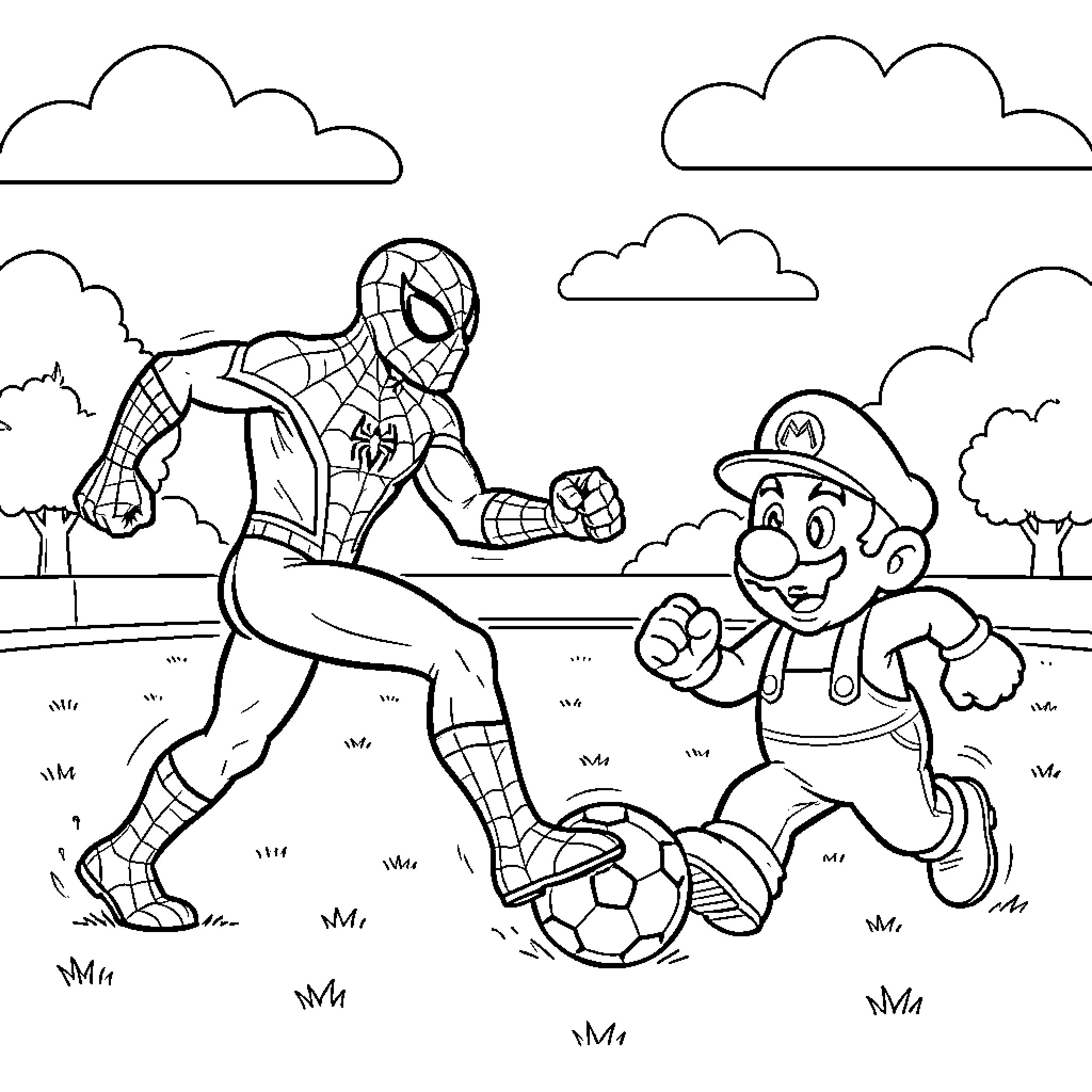 Spider-Man and Mario playing soccer together Coloring Page (free black-and-white line drawing printable PDF for all, from beginners to advanced learners, including children, teens, adults, and seniors)