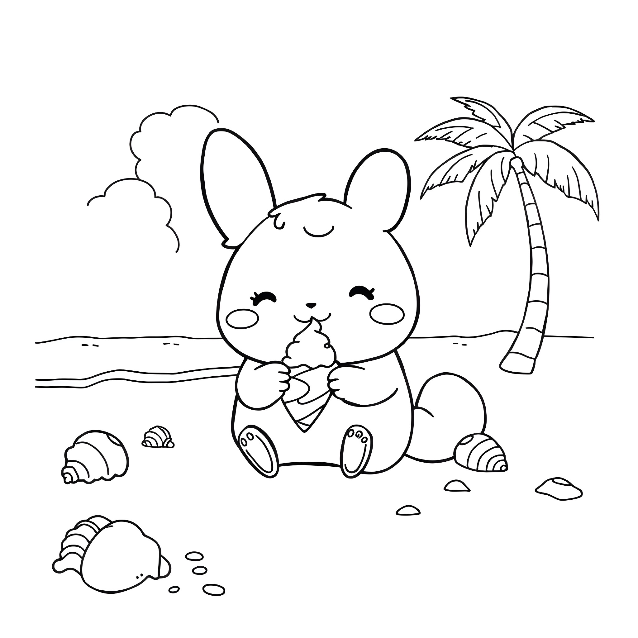 Cinnamoroll enjoying a tropical vacation Coloring Page (free black-and-white line drawing printable PDF for all, from beginners to advanced learners, including children, teens, adults, and seniors)