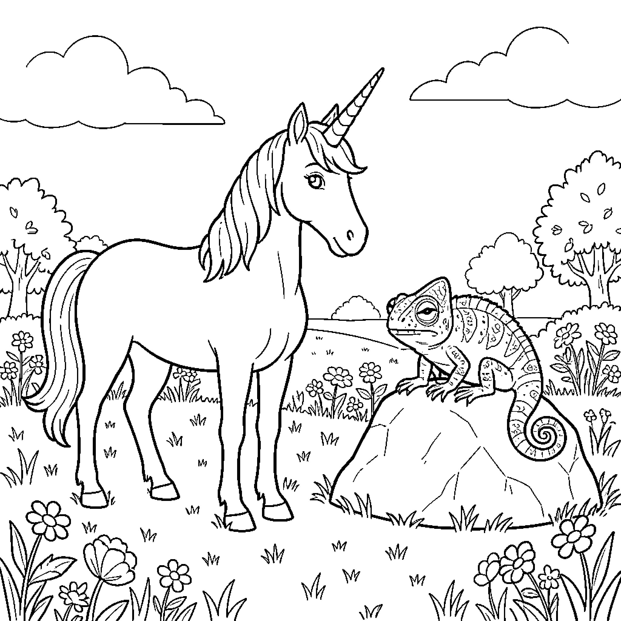 Unicorn standing in a meadow with a chameleon Coloring Page (free black-and-white line drawing printable PDF for all, from beginners to advanced learners, including children, teens, adults, and seniors)
