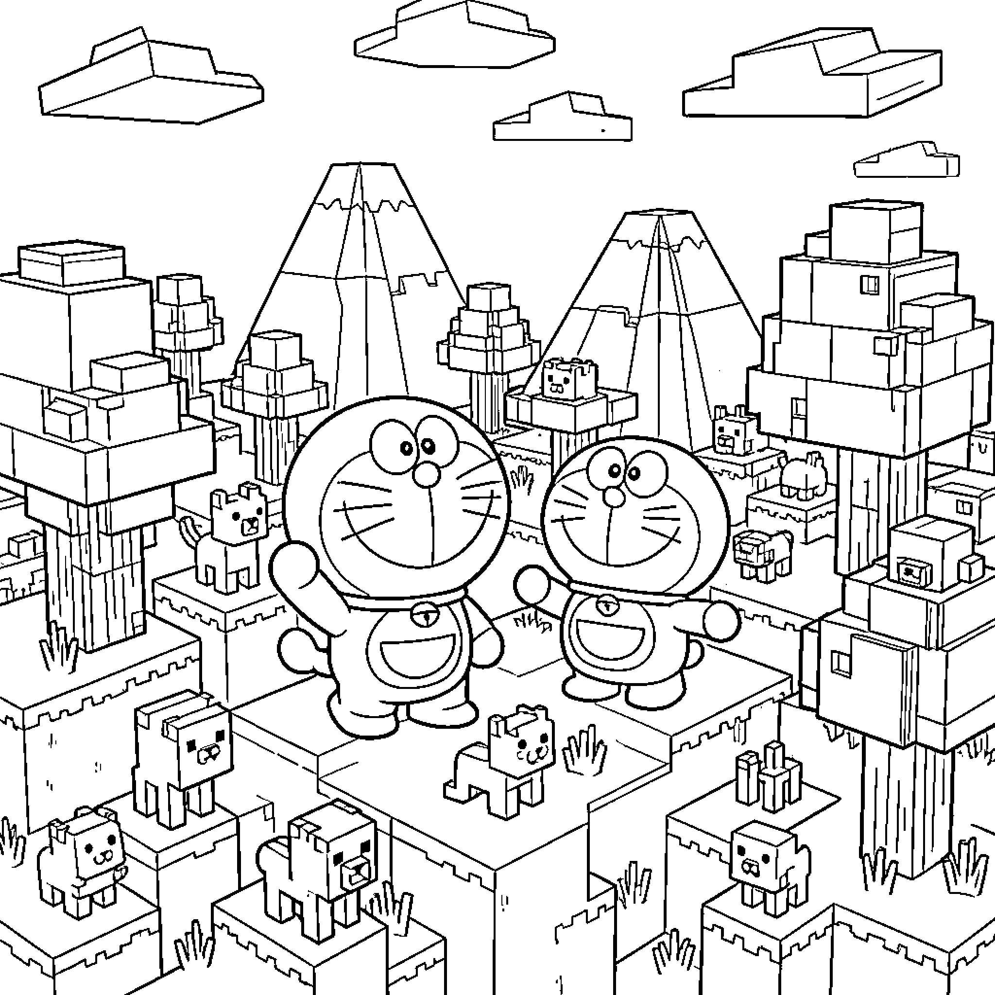 Doraemon standing joyfully in a blocky landscape Coloring Page (free black-and-white line drawing printable PDF for all, from beginners to advanced learners, including children, teens, adults, and seniors)