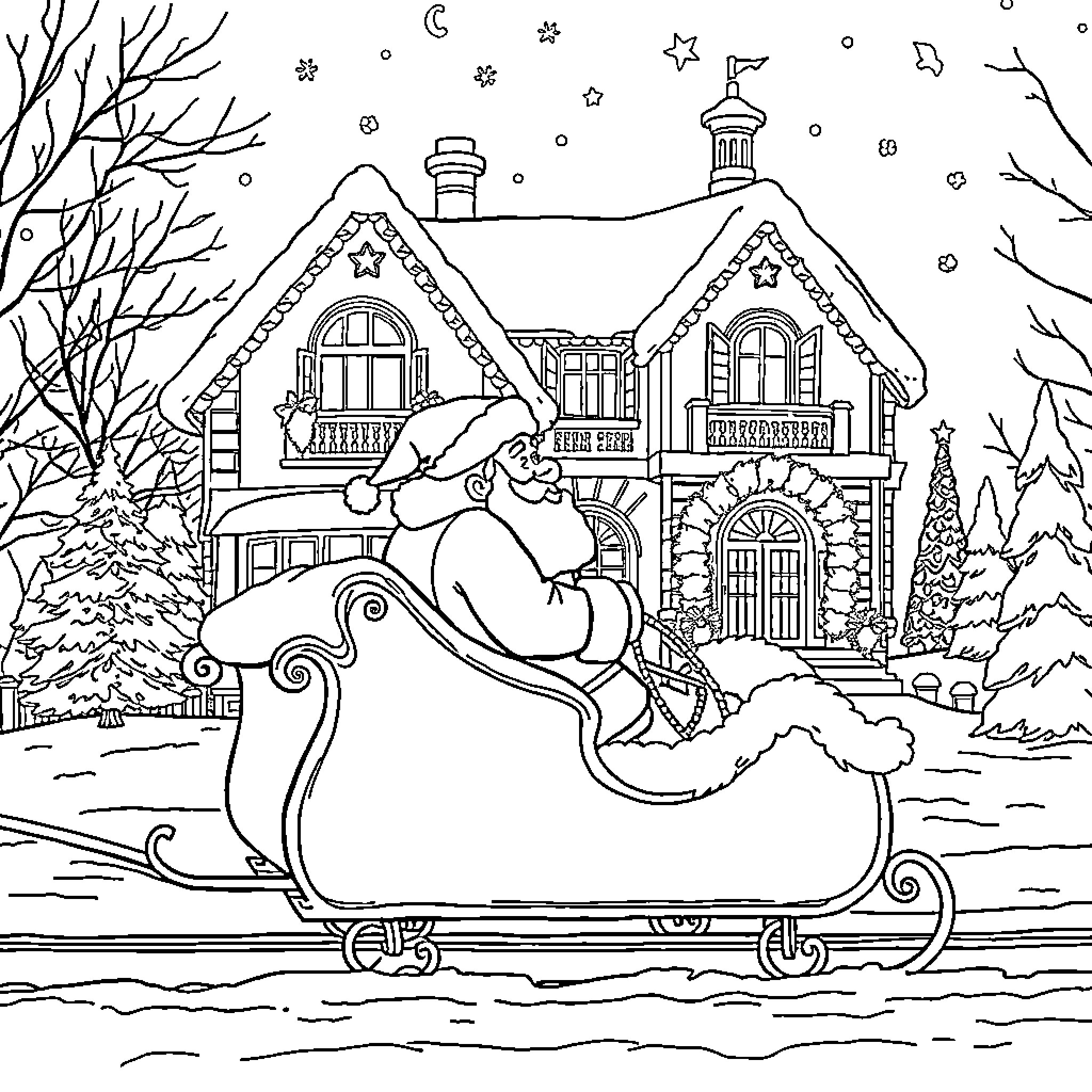 Père Noël's Enchanting Holiday Journey Coloring Page (free black-and-white line drawing printable PDF for all, from beginners to advanced learners, including children, teens, adults, and seniors)