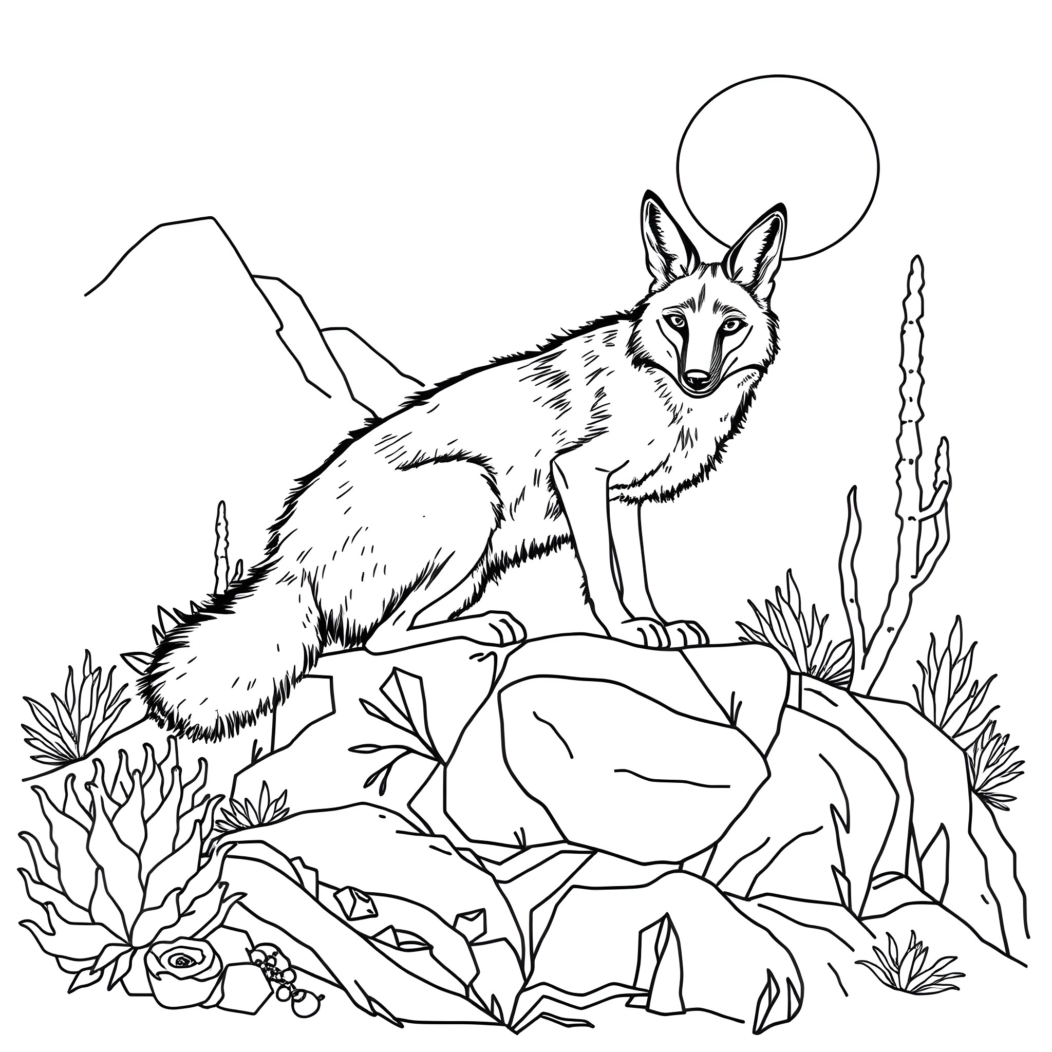 Coyote exploring the desert landscape Coloring Page (free black-and-white line drawing printable PDF for all, from beginners to advanced learners, including children, teens, adults, and seniors)