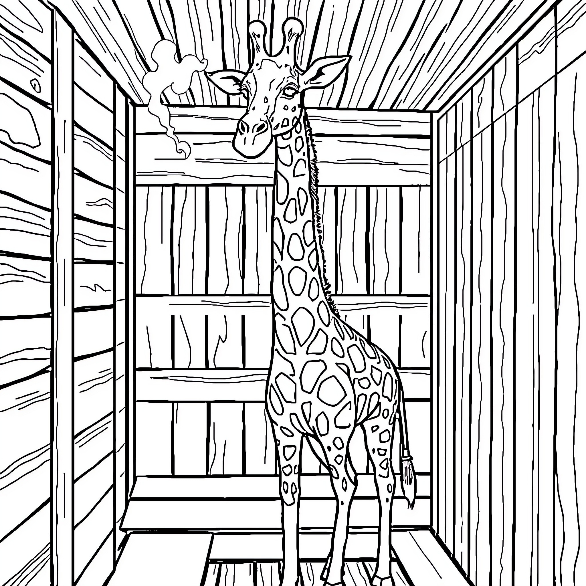 Giraffe exploring a wooden shed Coloring Page (free black-and-white line drawing printable PDF for all, from beginners to advanced learners, including children, teens, adults, and seniors)