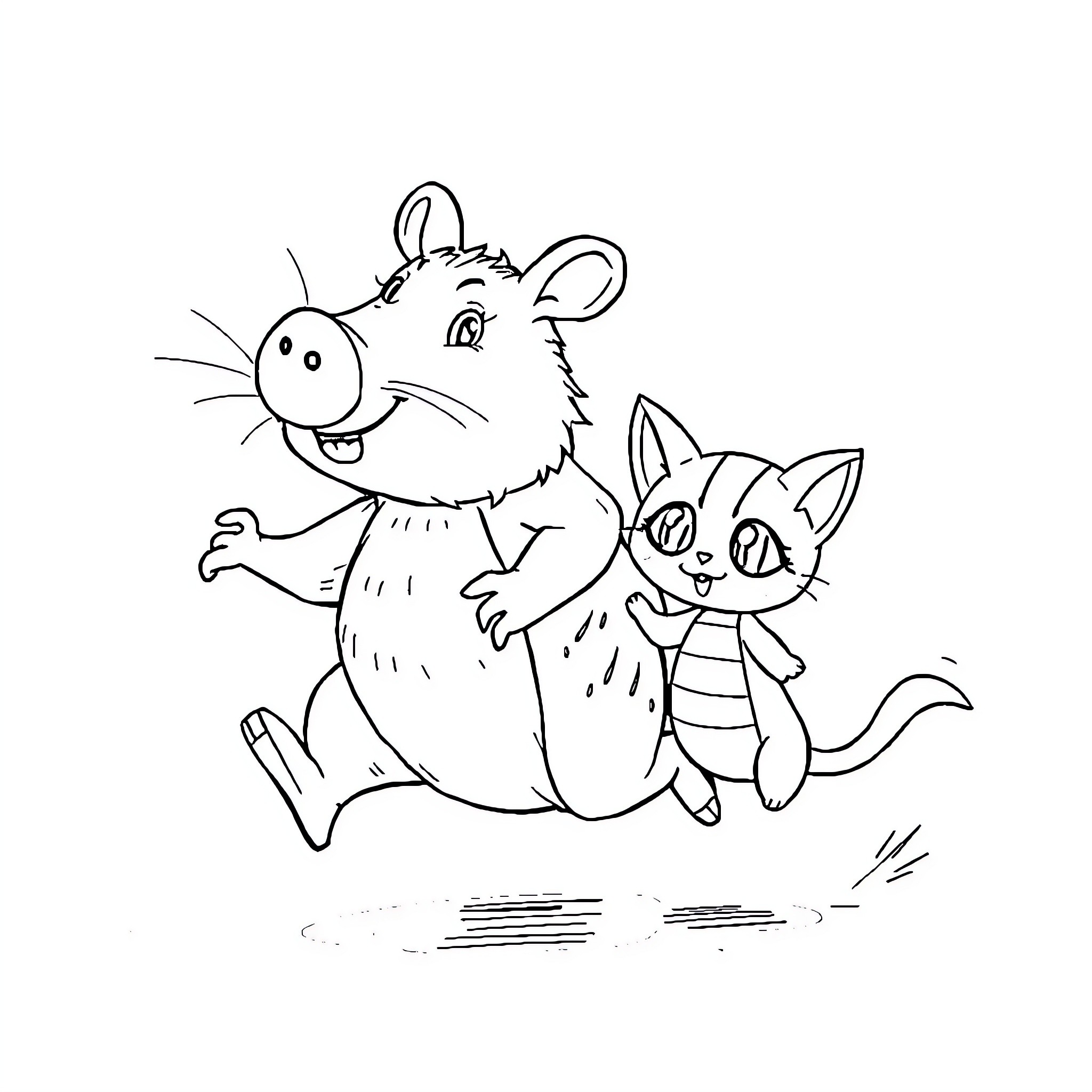 Capybara and cat playing cheerfully Coloring Page (free black-and-white line drawing printable PDF for all, from beginners to advanced learners, including children, teens, adults, and seniors)