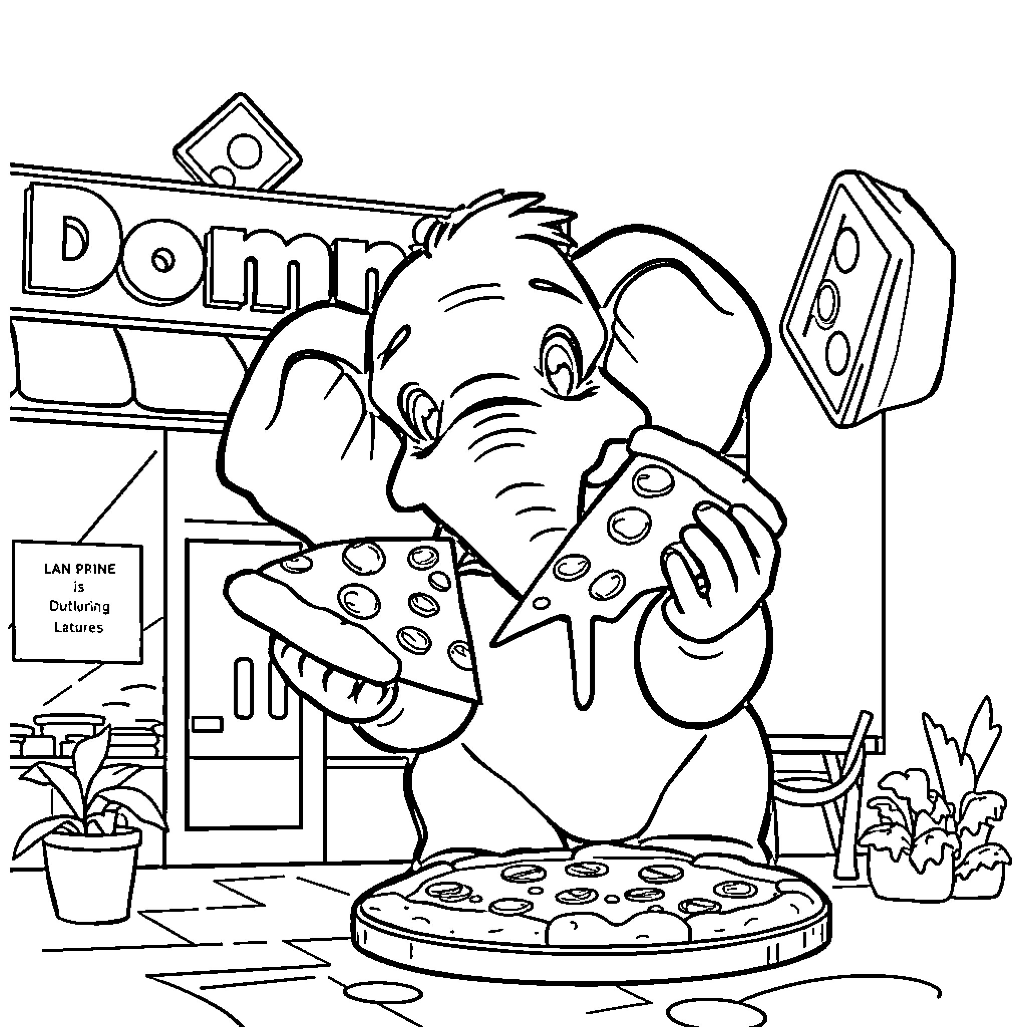 Elephant enjoying pizza at the Domino's restaurant Coloring Page (free black-and-white line drawing printable PDF for all, from beginners to advanced learners, including children, teens, adults, and seniors)