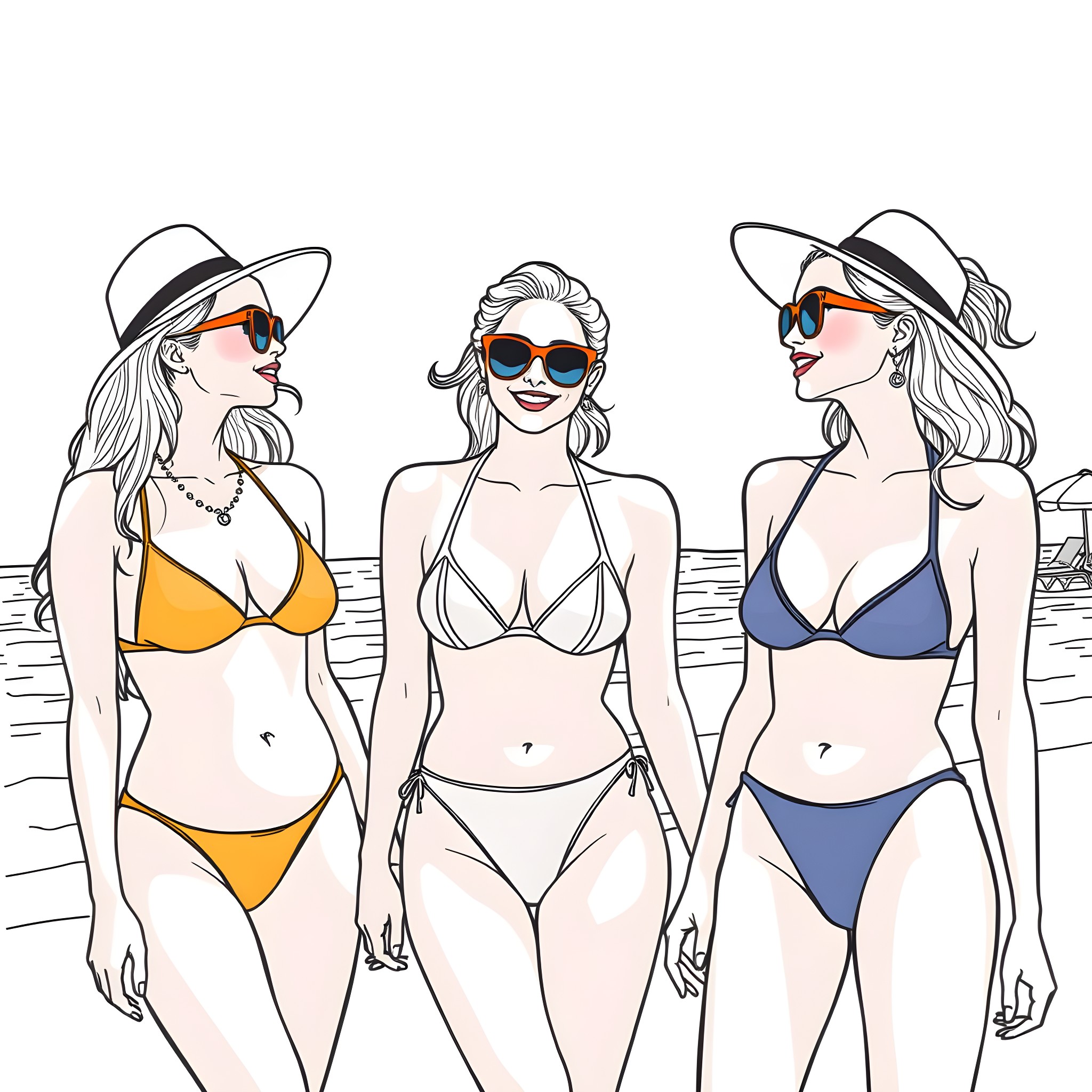 Lady trio in stylish swimwear posing at the beach Coloring Page (free black-and-white line drawing printable PDF for all, from beginners to advanced learners, including children, teens, adults, and seniors)