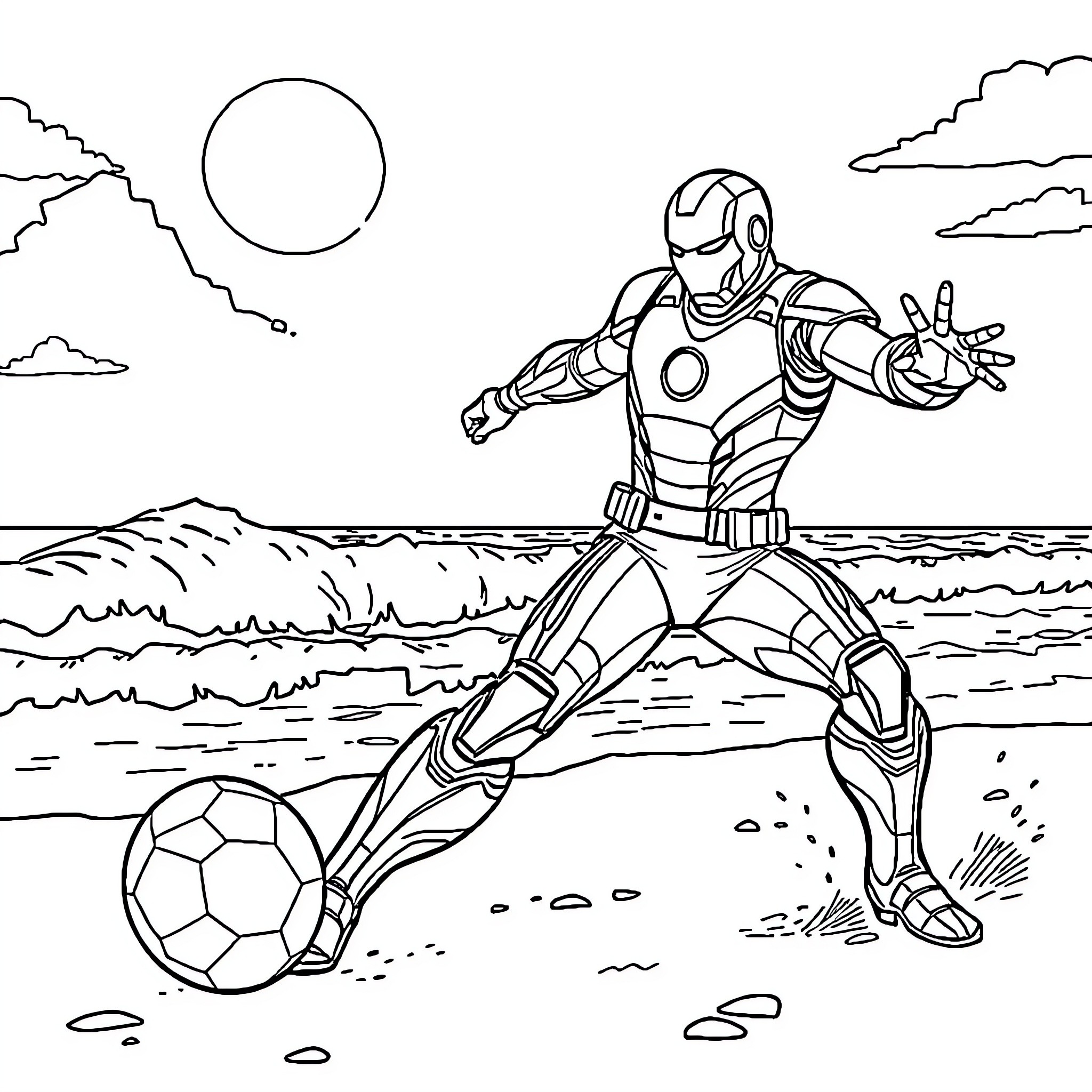 Iron Man kicking a soccer ball on the beach Coloring Page (free black-and-white line drawing printable PDF for all, from beginners to advanced learners, including children, teens, adults, and seniors)