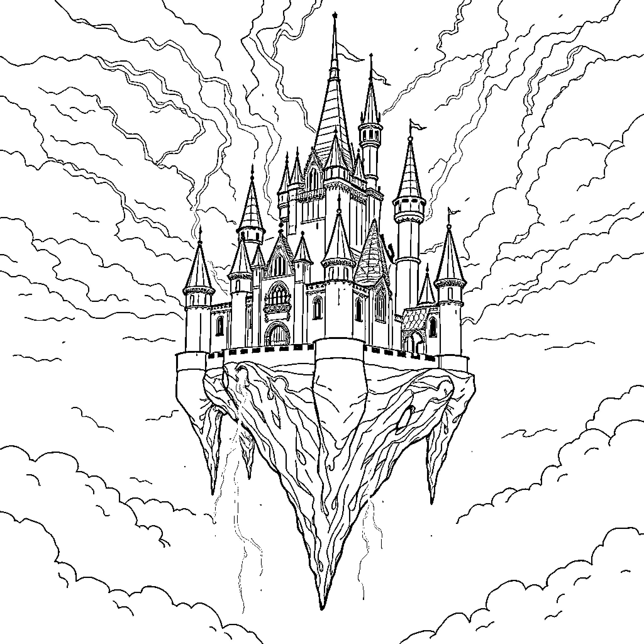 Castle Perched on Floating Cliffs above the Clouds Coloring Page (free black-and-white line drawing printable PDF for all, from beginners to advanced learners, including children, teens, adults, and seniors)